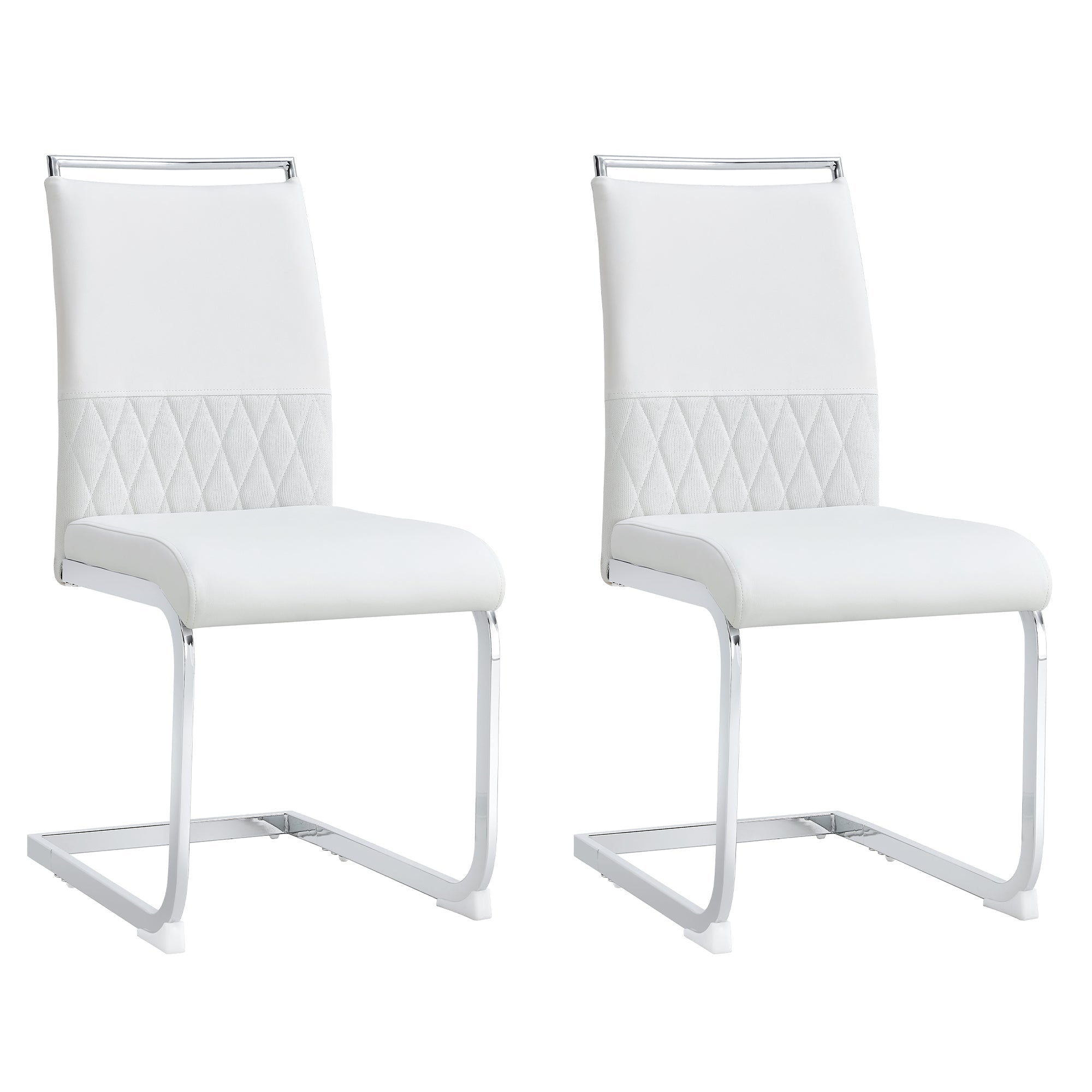Modern Dining Chairs Set of 2, High-Backed Upholstered Side Chairs with Horizontal Stripe Backrest, White PU Leather & Linen