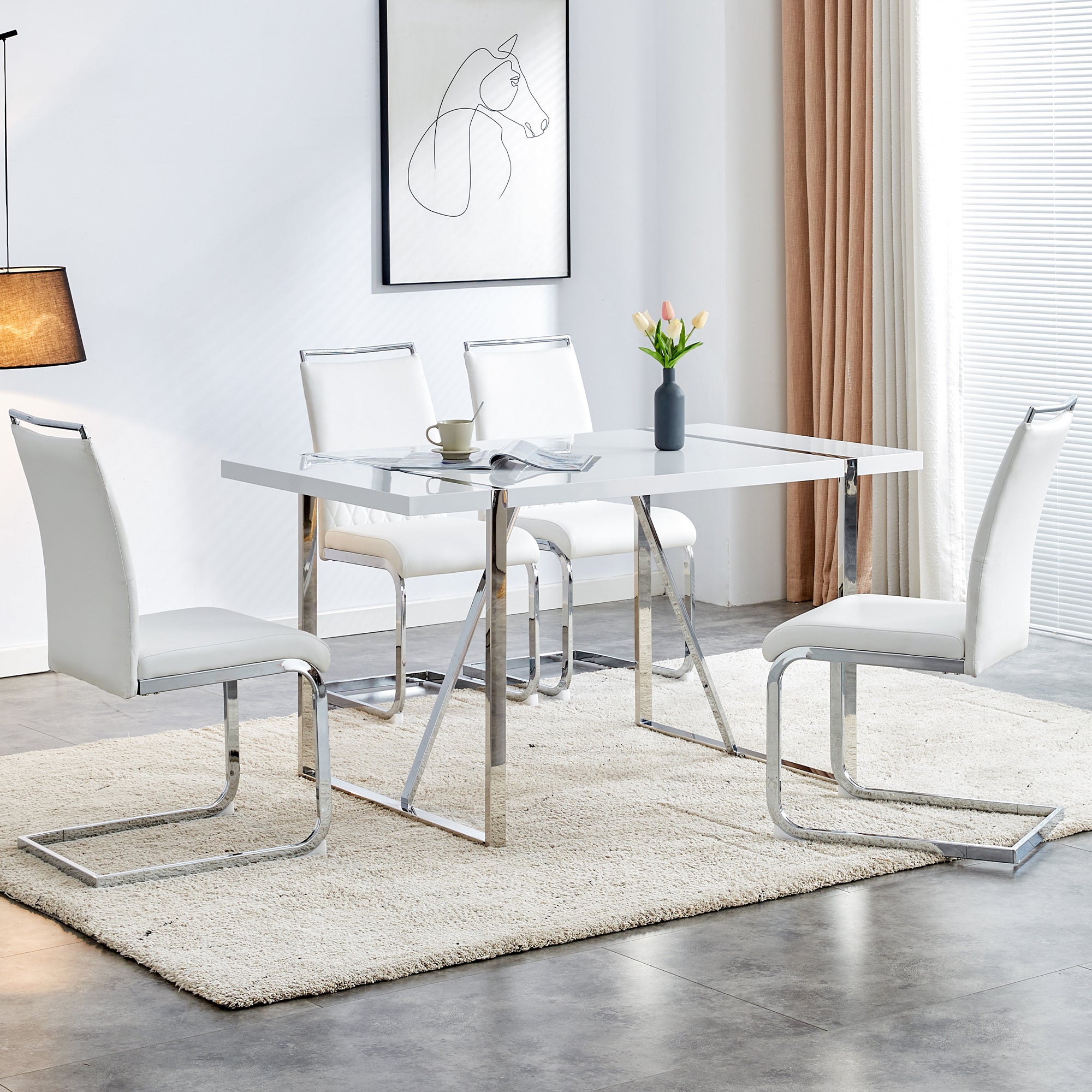 Modern Dining Chairs Set of 4, Upholstered High-Backed Side Chairs with Stripe Backrest, White PU Leather/Linen