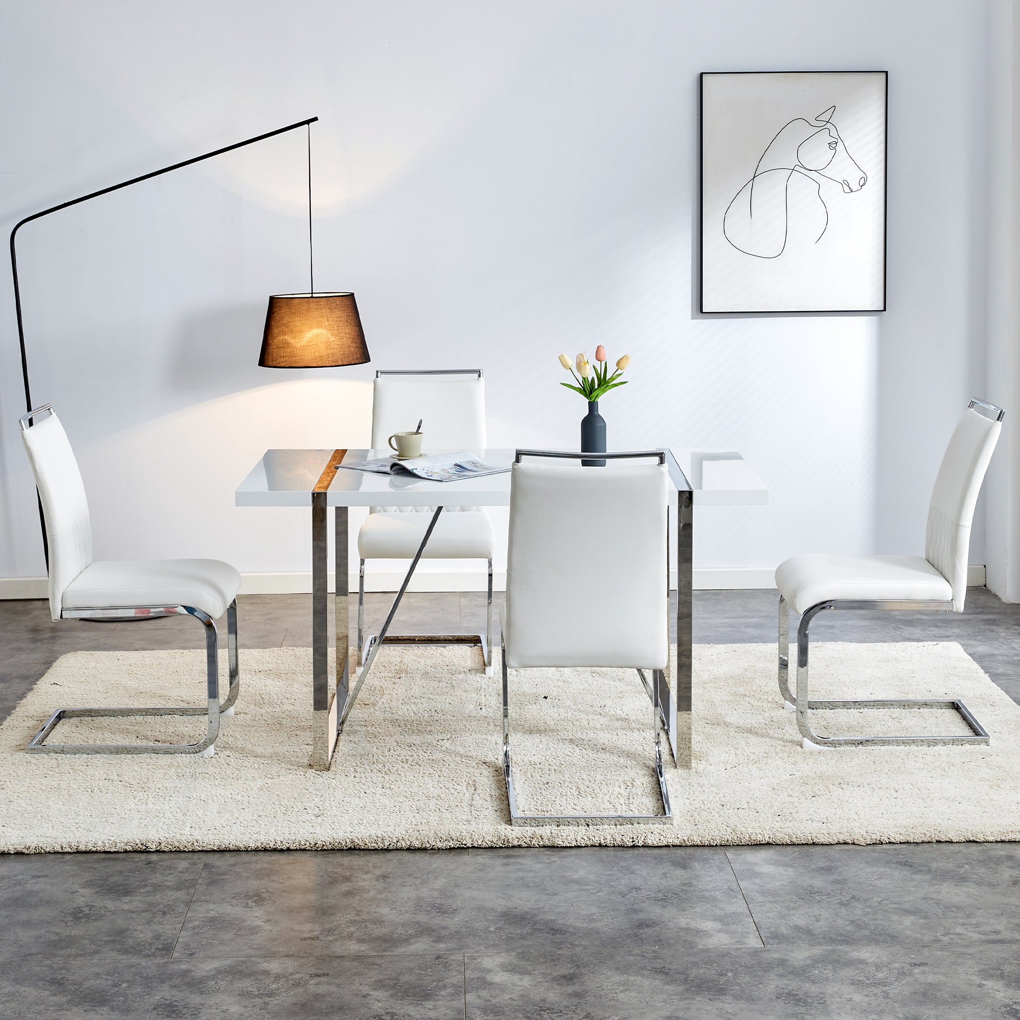 Modern Dining Chairs Set of 4, Upholstered High-Backed Side Chairs with Stripe Backrest, White PU Leather/Linen