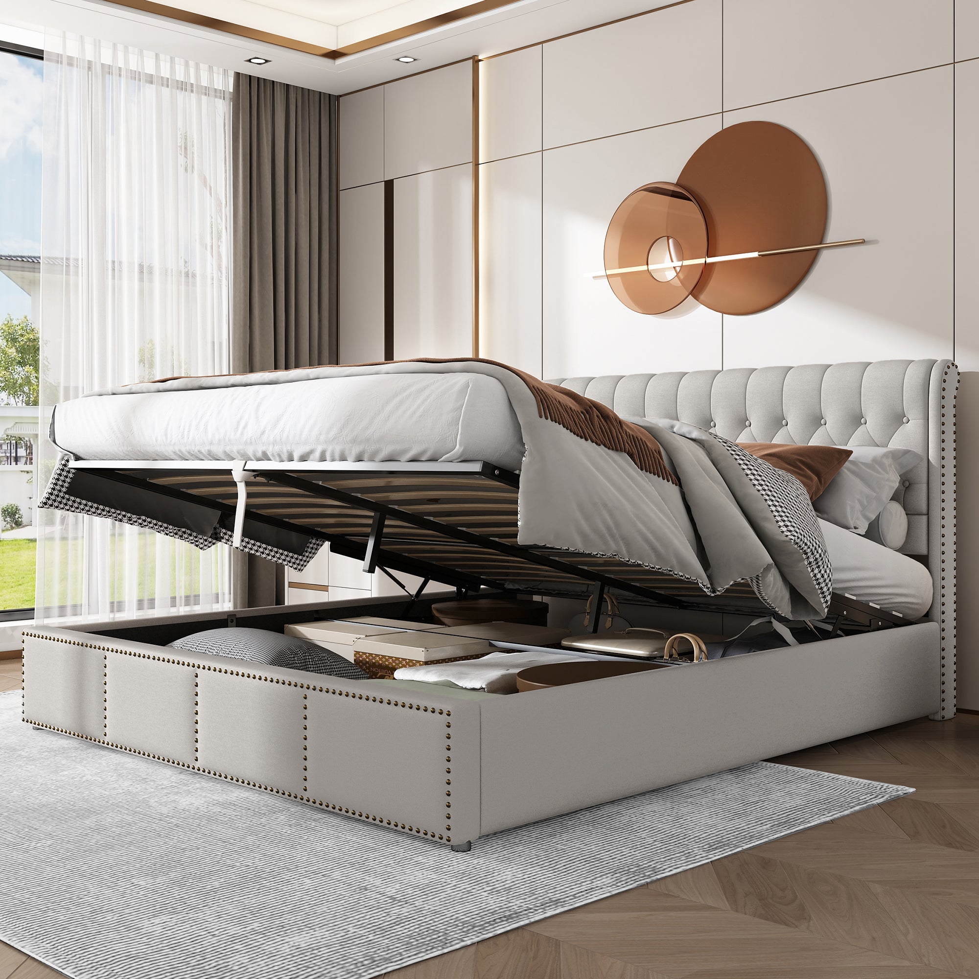 Upholstered Bed 160x200cm Hydraulic Storage Studded - Cotton-Linen Light Grey