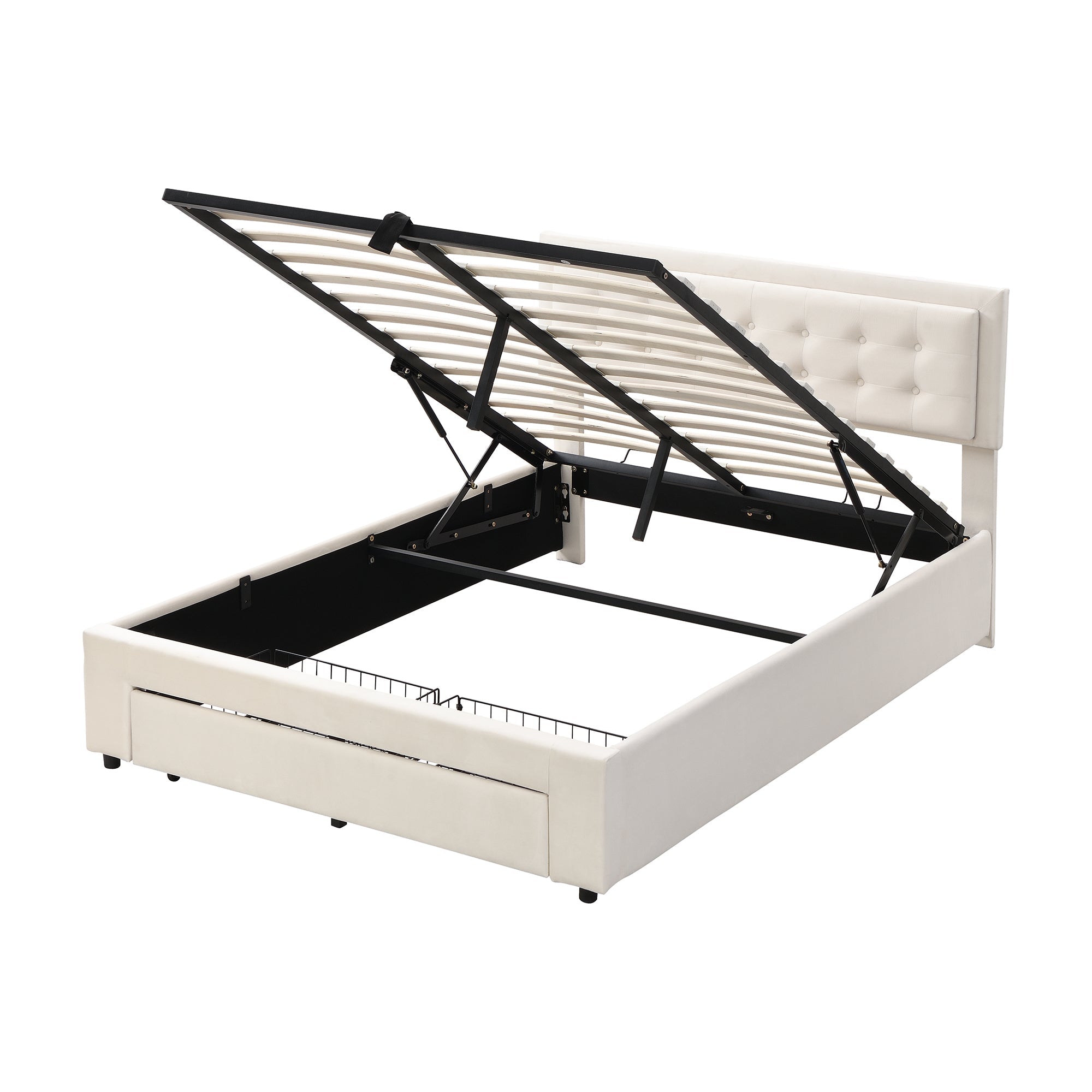 Upholstered Double Bed 140x200cm Hydraulic Storage Headboard 2 Drawers - Velvet Beige