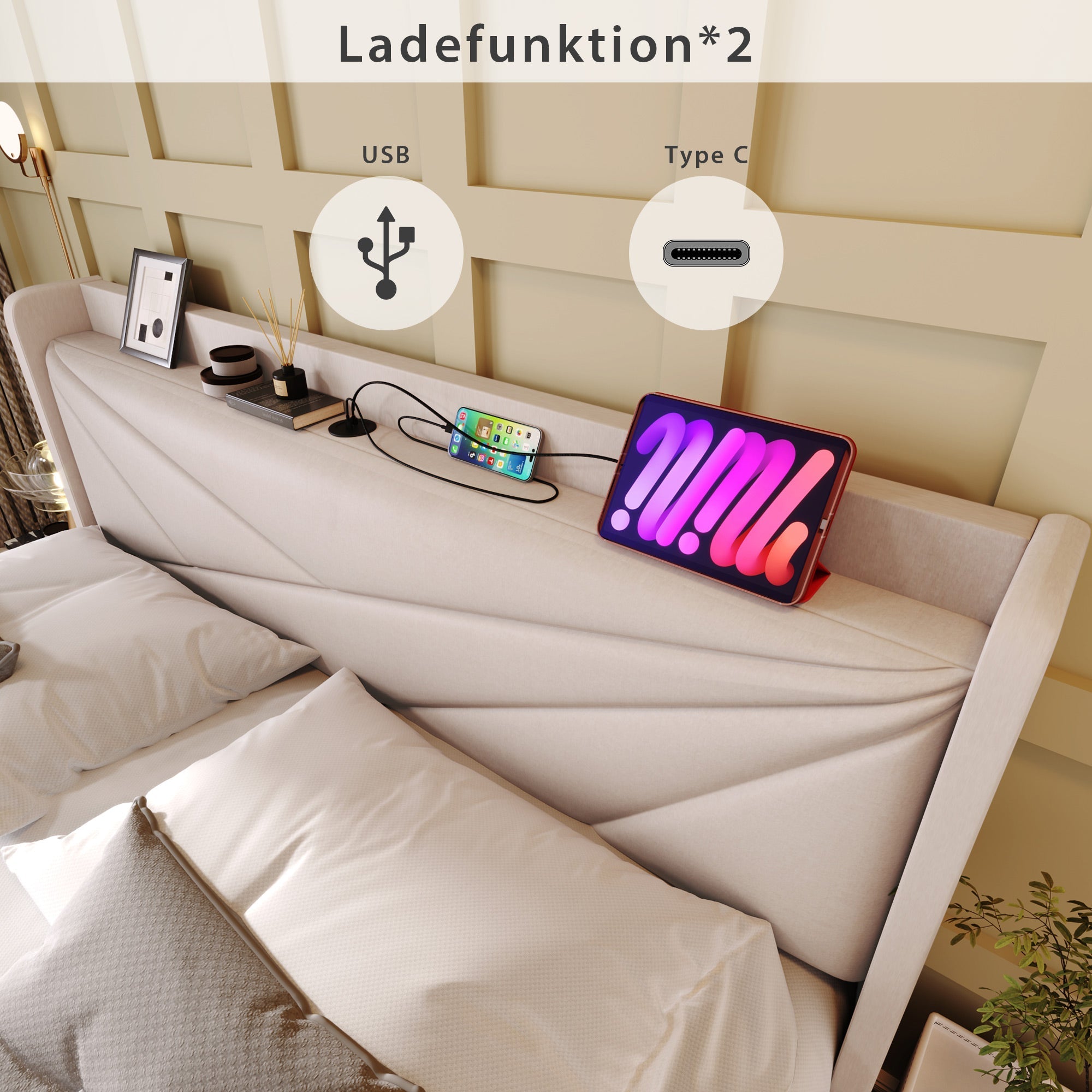Upholstered Bed, Single with Storage & USB Type-C Headboard, Linen