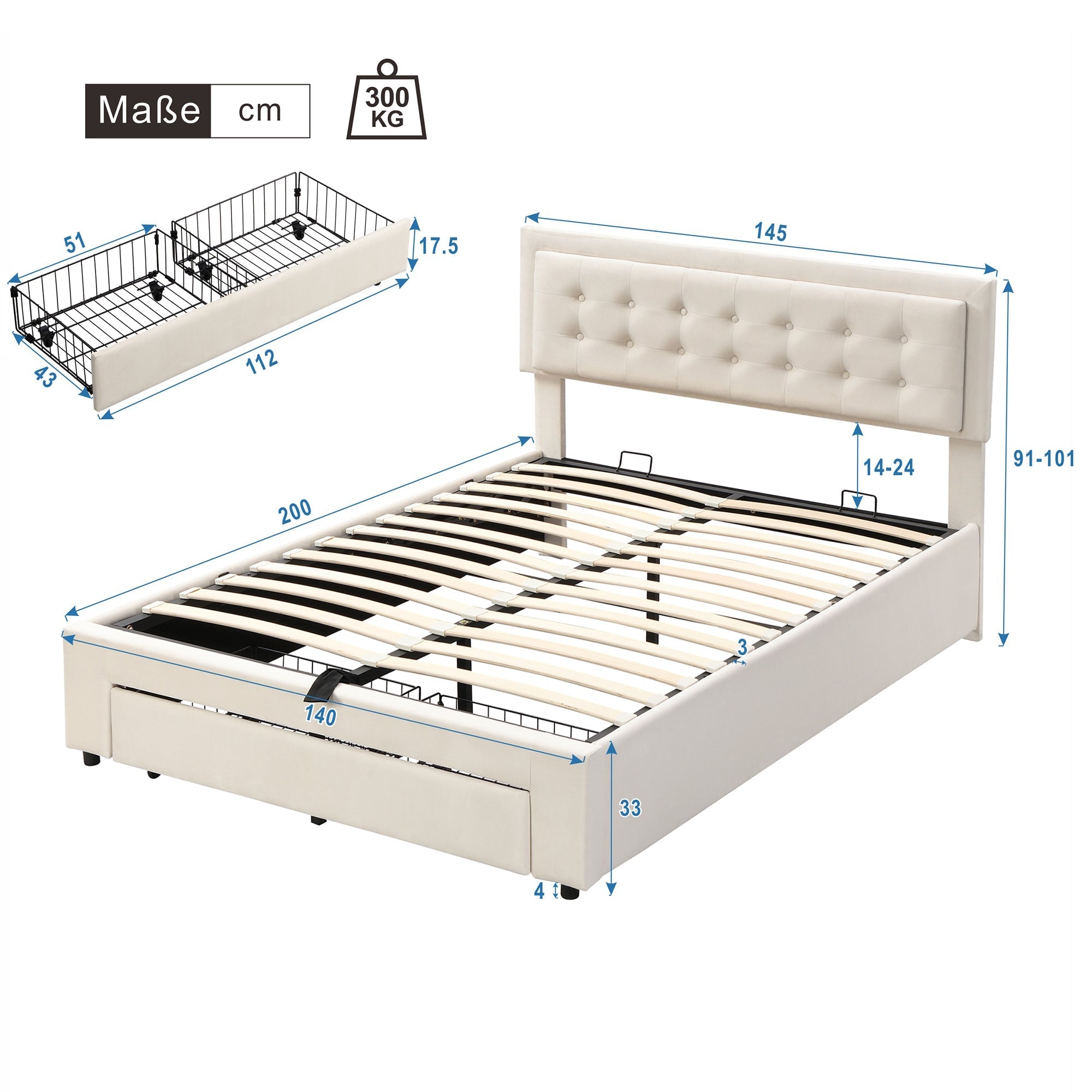 Upholstered Double Bed 140x200cm Hydraulic Storage Headboard 2 Drawers - Velvet Beige
