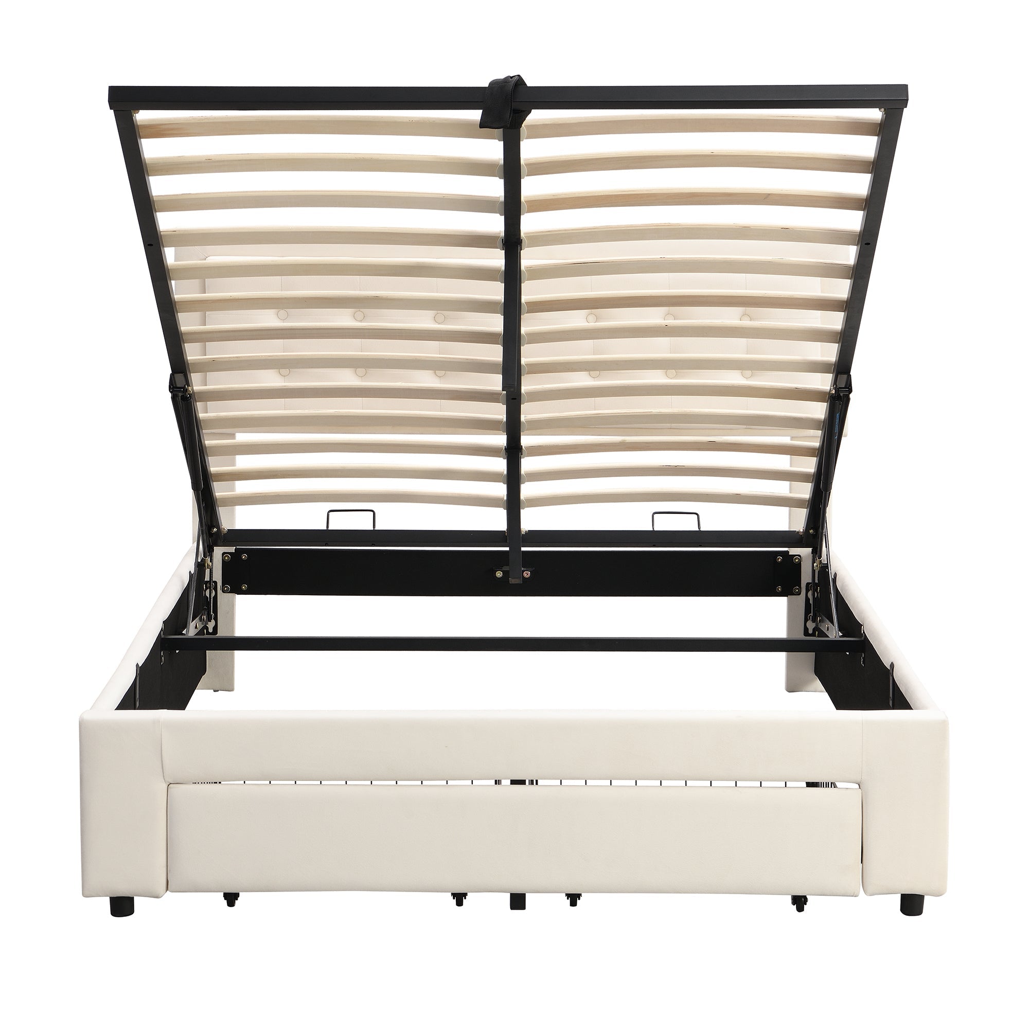 Upholstered Double Bed 140x190cm Hydraulic Storage Headboard 2 Drawers Velvet Beige