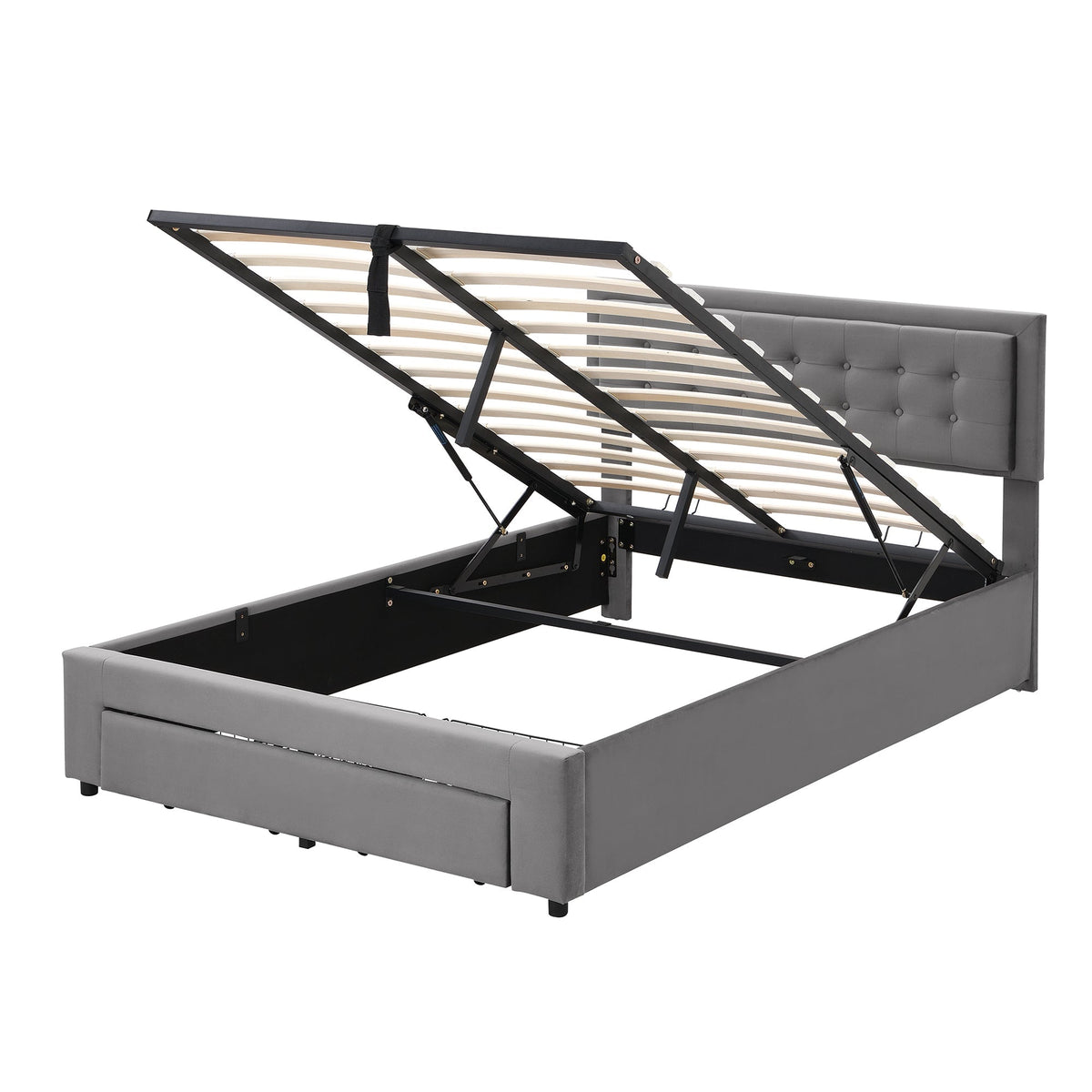 Upholstered Double Bed 140x200cm Storage Box & Drawers Slatted Frame - Velvet Grey