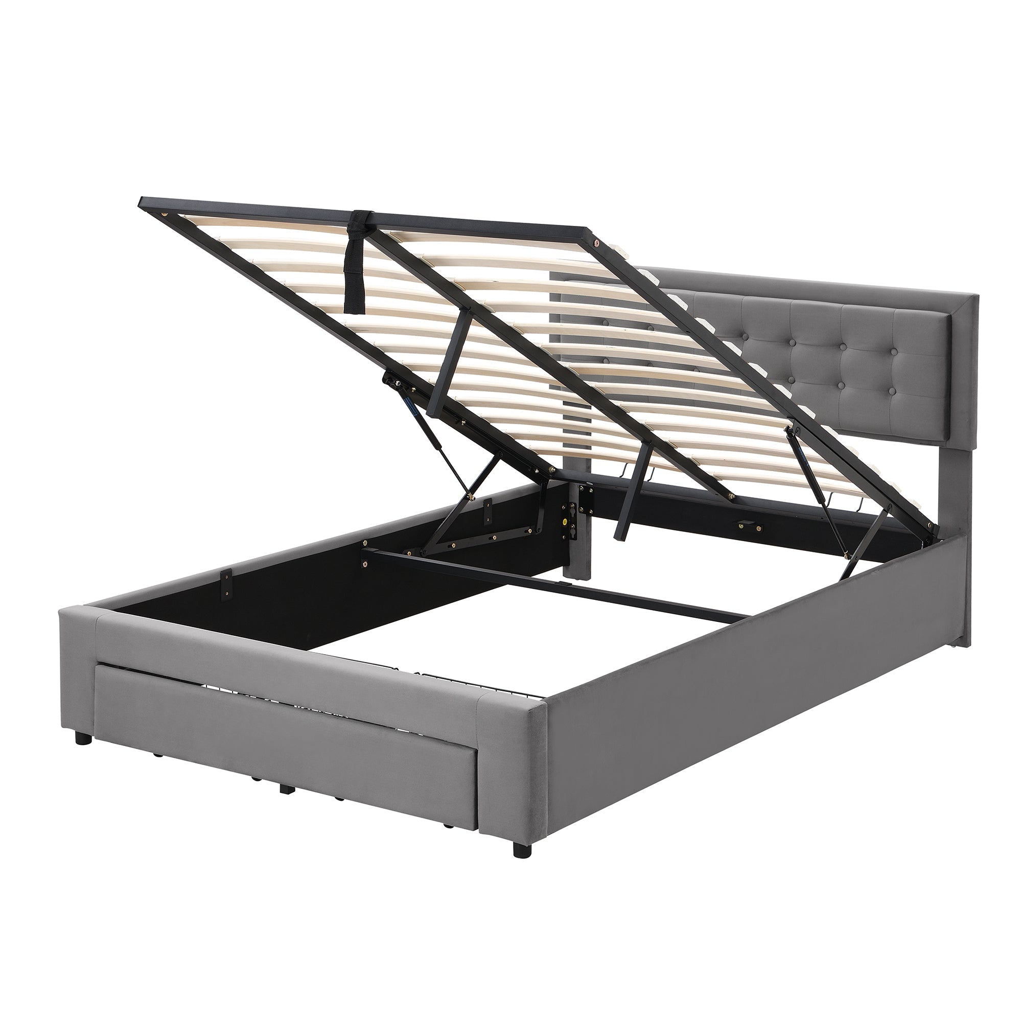 Upholstered Double Bed 140x190cm Hydraulic Storage 2 Drawers Velvet Grey