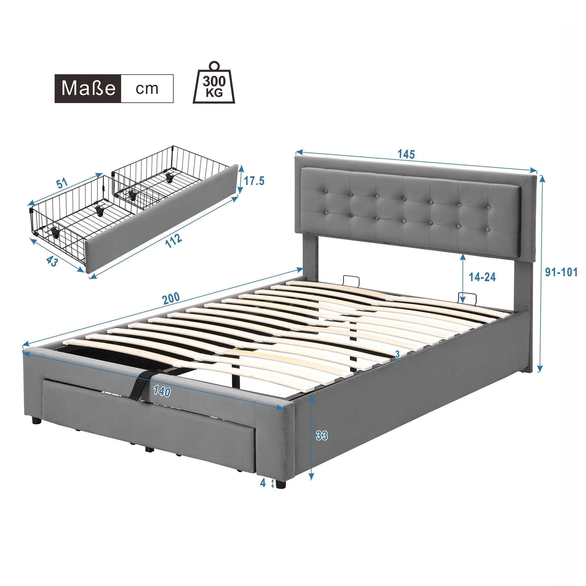 Upholstered Double Bed 140x200cm Storage Box & Drawers Slatted Frame - Velvet Grey