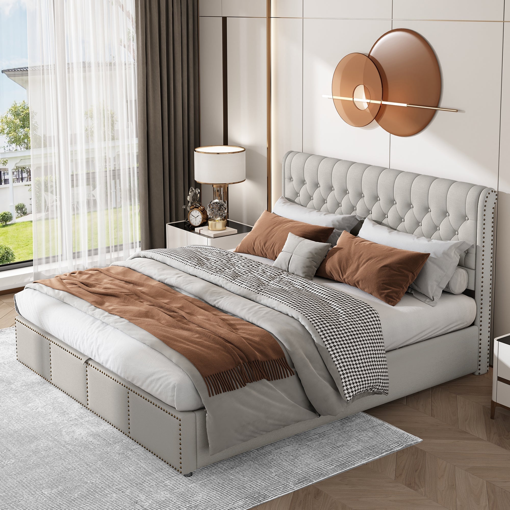 Upholstered Bed 160x200cm Hydraulic Storage Studded - Cotton-Linen Light Grey