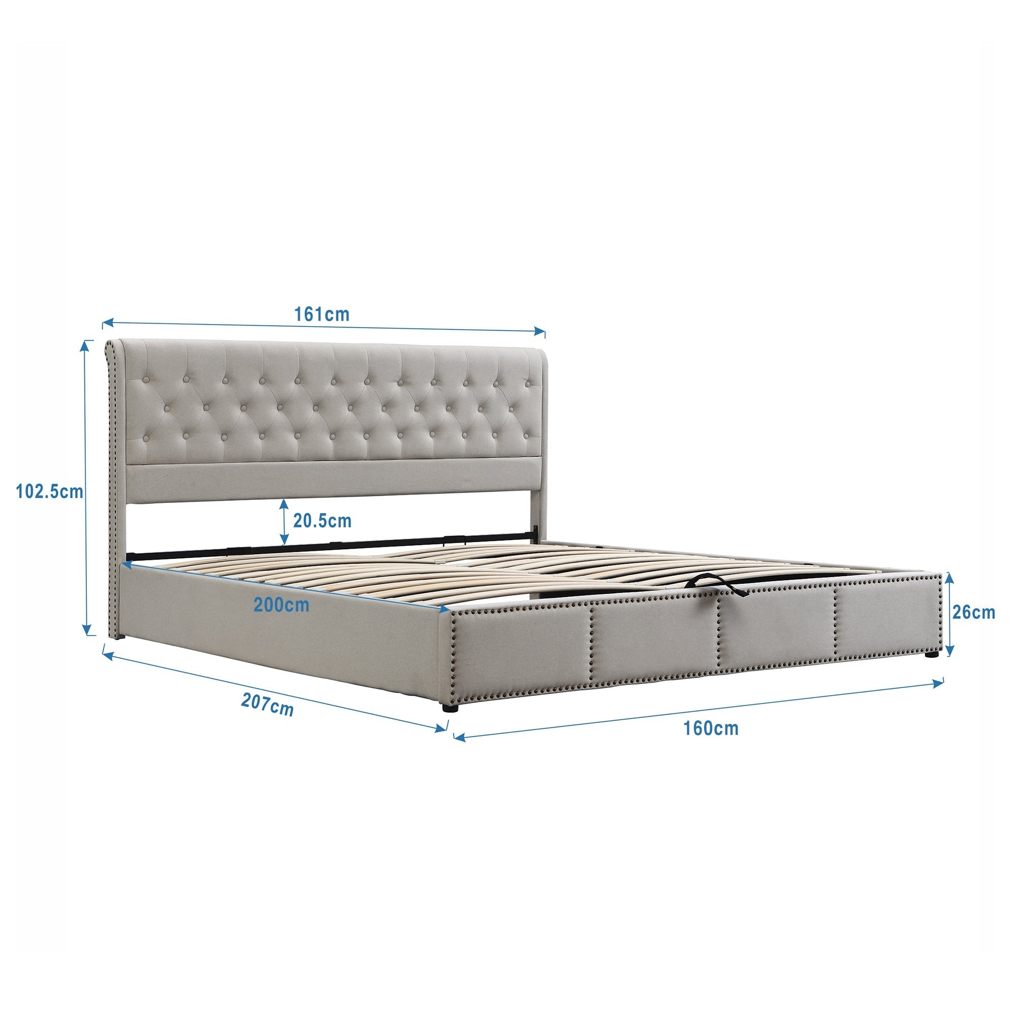 Upholstered Bed 160x200cm Hydraulic Storage Studded - Cotton-Linen Light Grey
