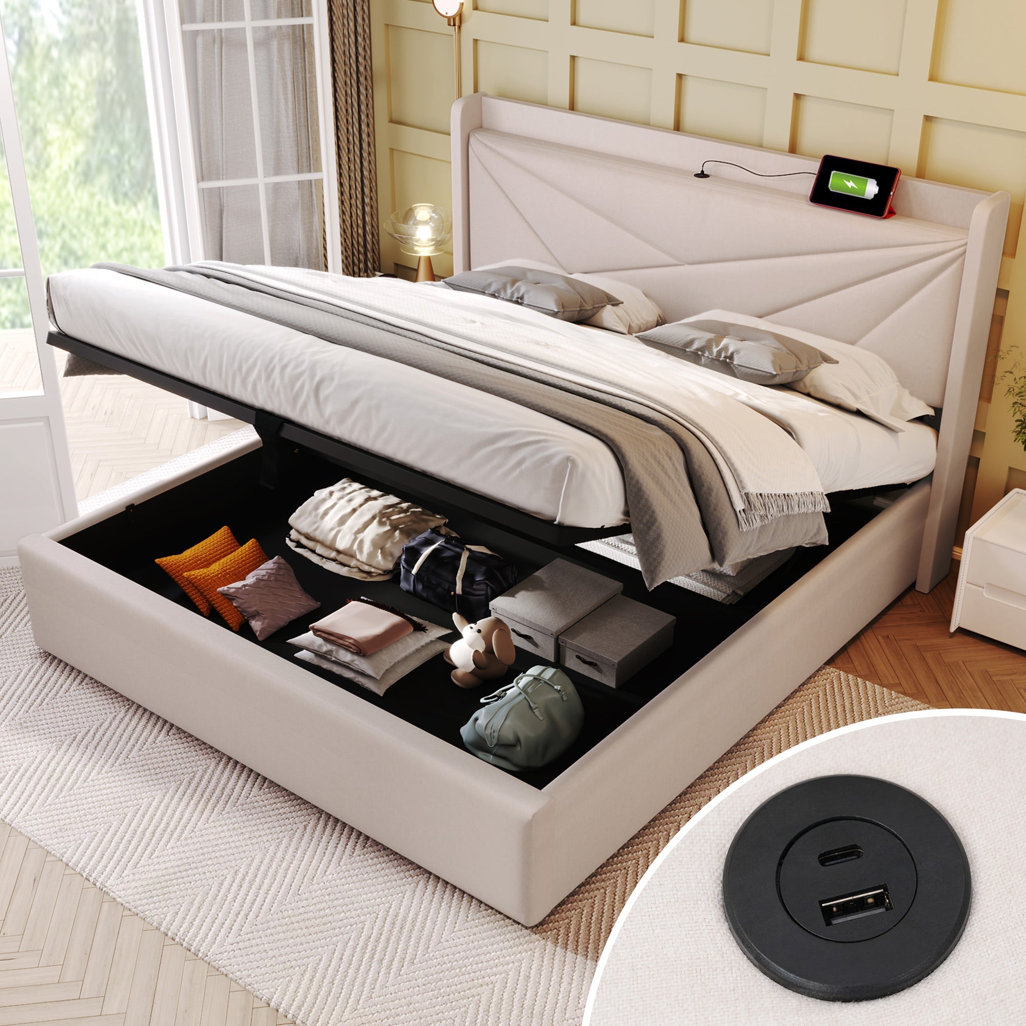 Upholstered Double Bed with Storage and USB Charging, 180x200cm, Grey Linen