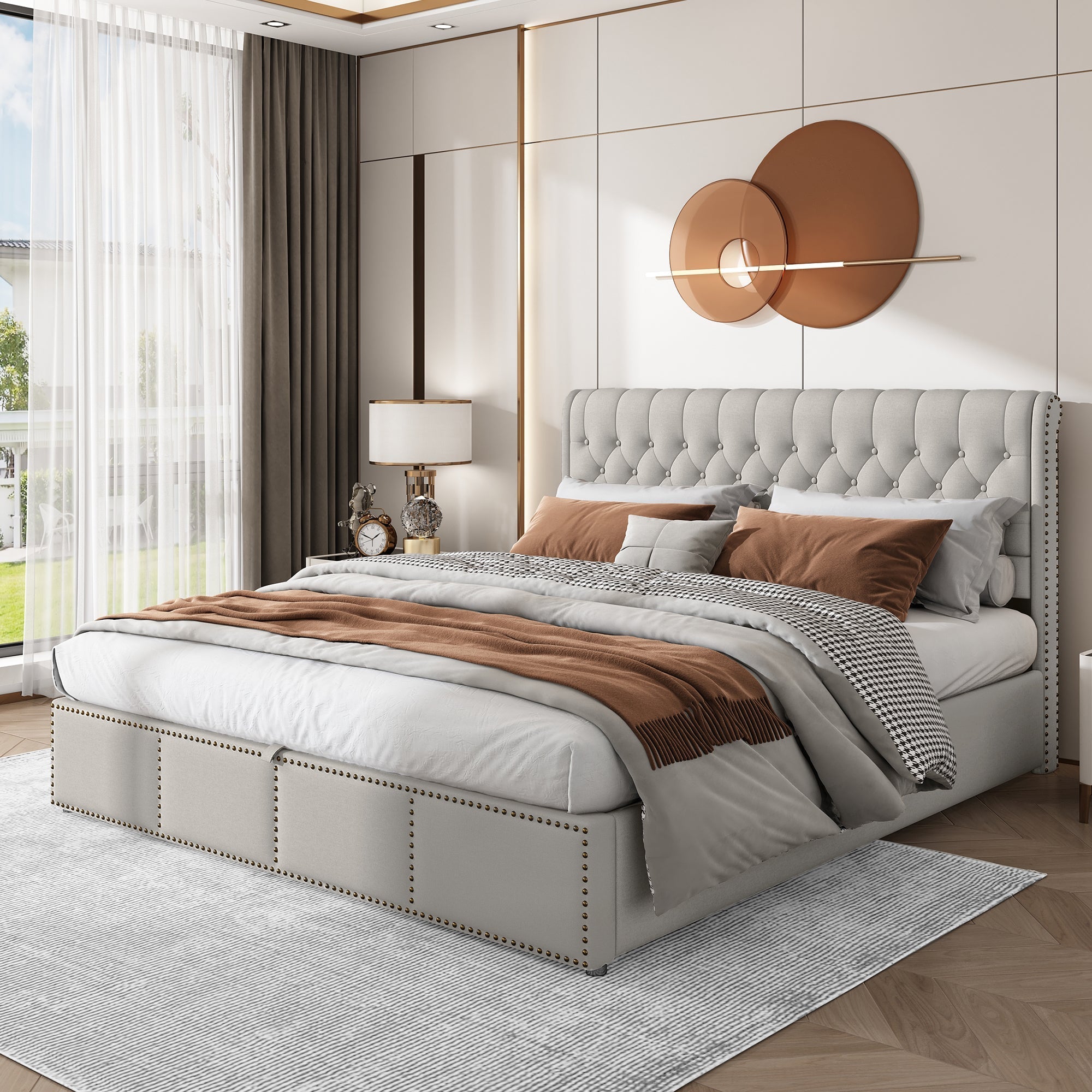 Upholstered Bed 160x200cm Hydraulic Storage Studded - Cotton-Linen Light Grey