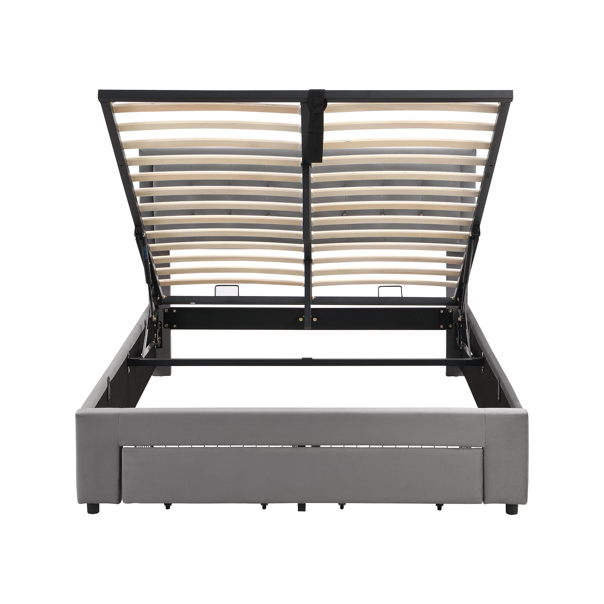 Upholstered Double Bed 140x190cm Hydraulic Storage 2 Drawers Velvet Grey