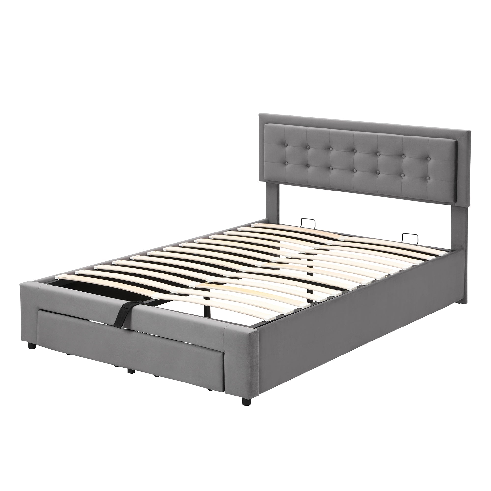 Upholstered Double Bed 140x190cm Hydraulic Storage 2 Drawers Velvet Grey