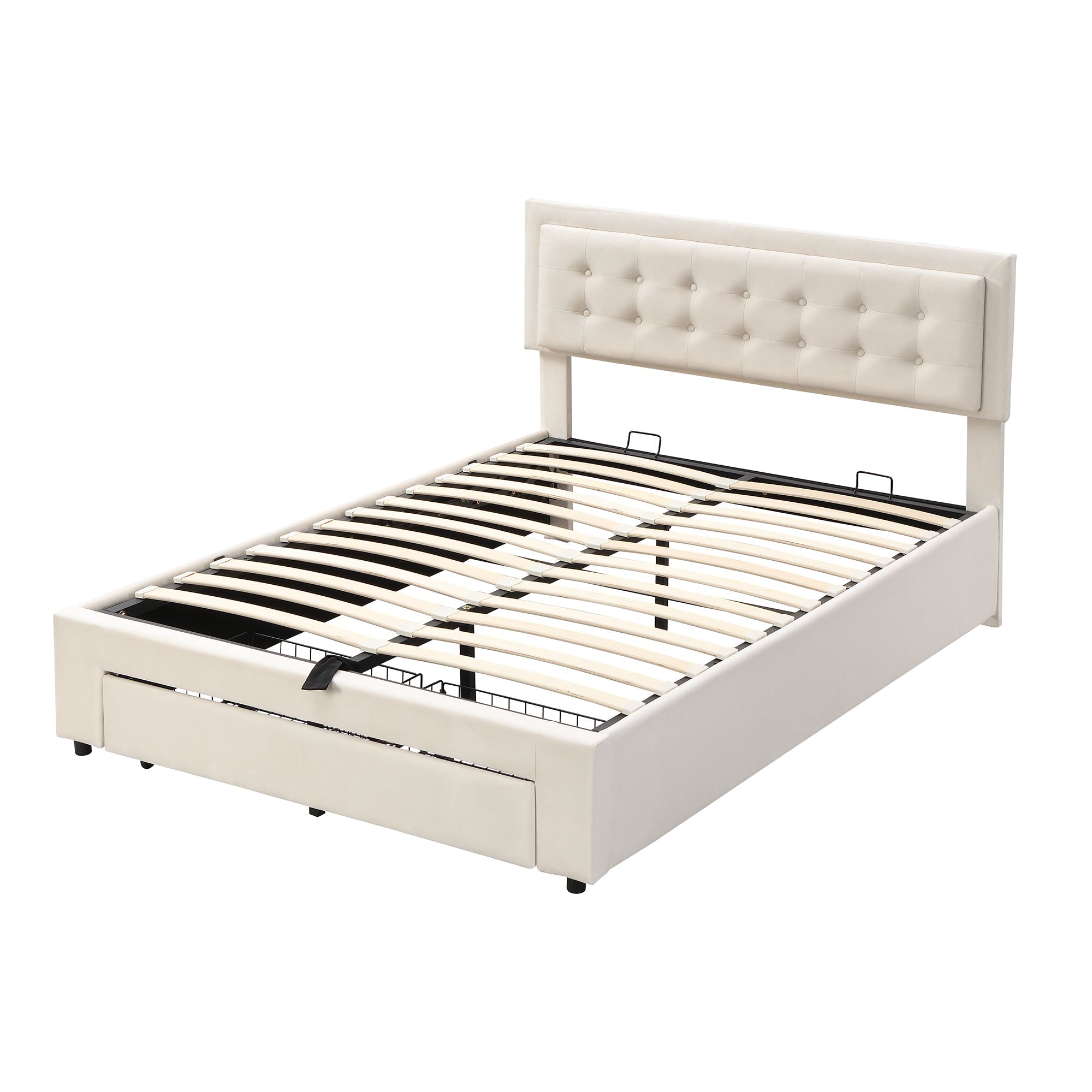 Upholstered Double Bed 140x200cm Hydraulic Storage Headboard 2 Drawers - Velvet Beige