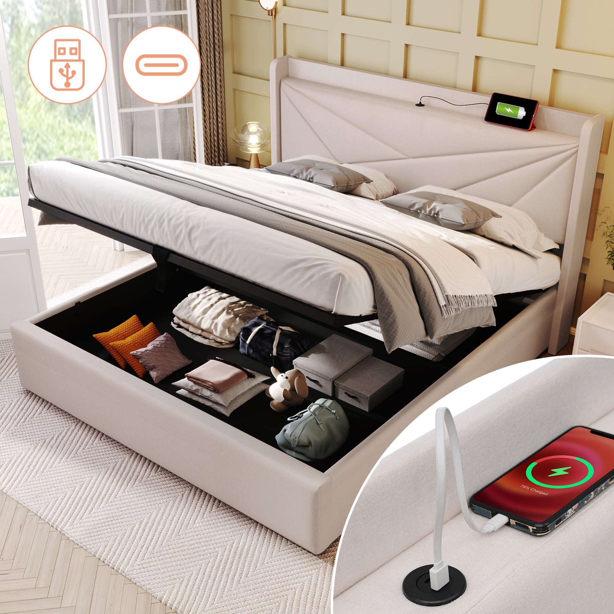 Upholstered Bed, Double, Storage, USB-C Headboard, 140x200, Linen