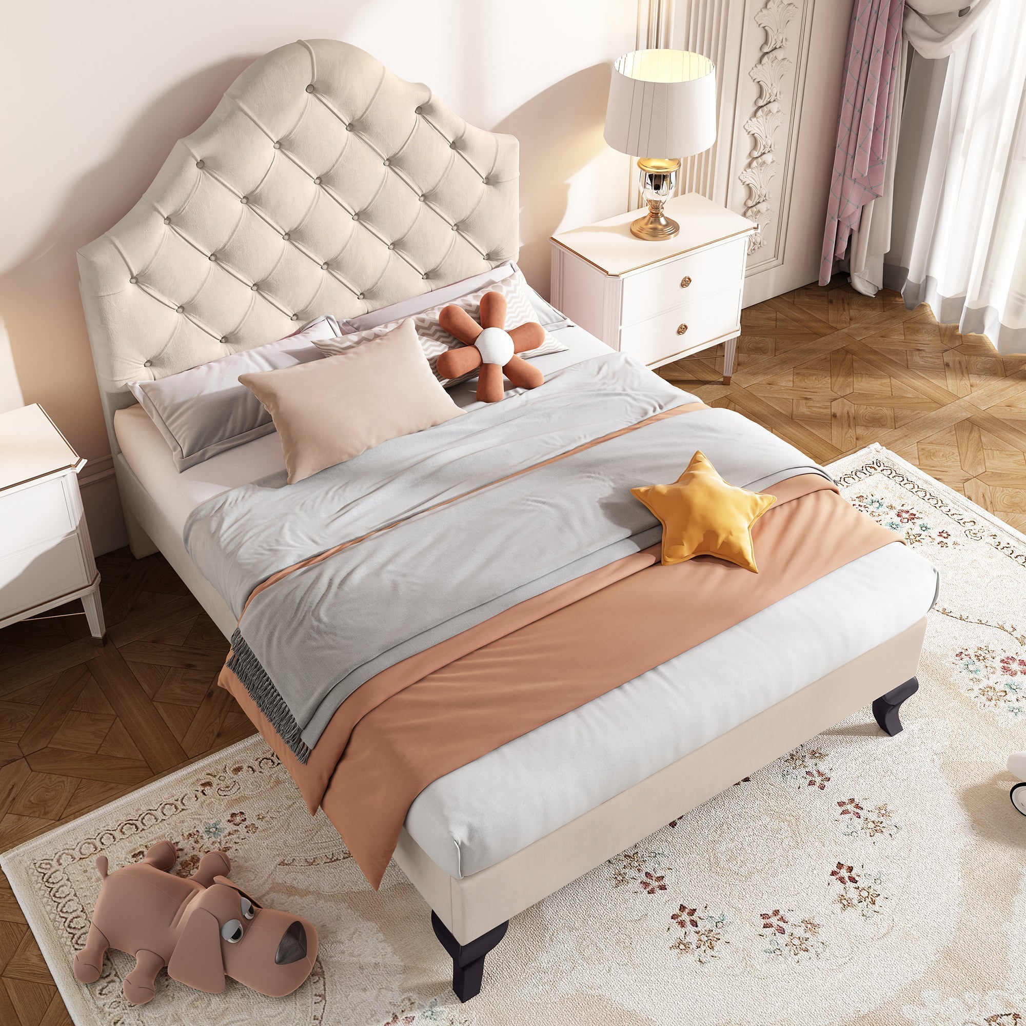 Upholstered Bed 90*190 with Slatted Frame and Height-Adjustable Headboard, Velvet, Beige