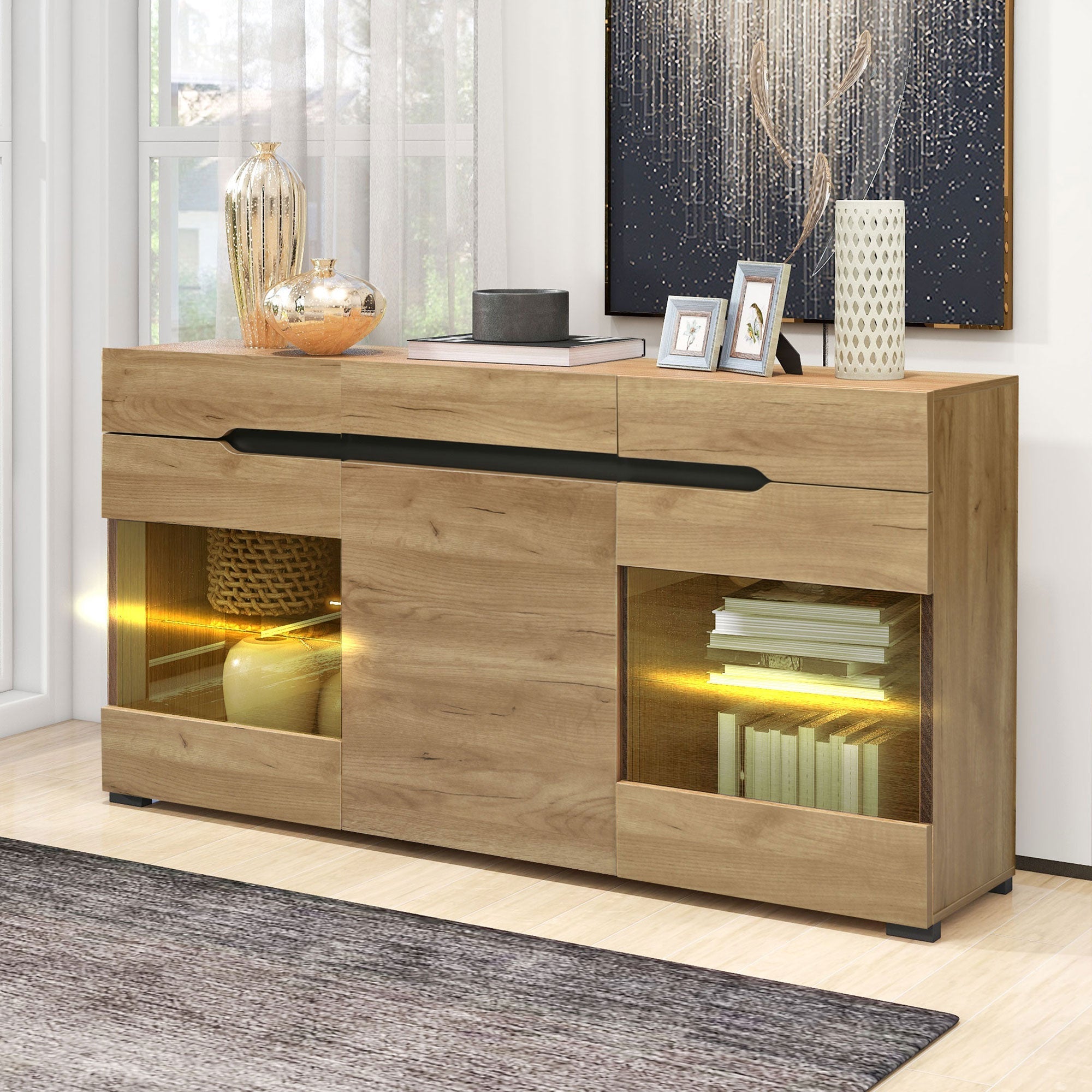LED Sideboard Cabinet with 3 Doors and 3 Drawers, Oak