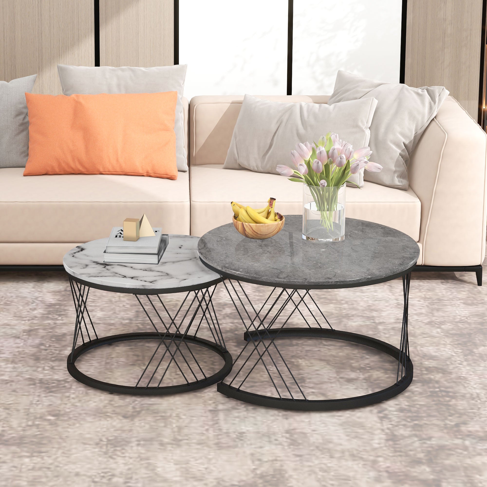 Round Coffee Table, Modern Set of 2 with Marble Pattern Top and Metal Frame, White and Black