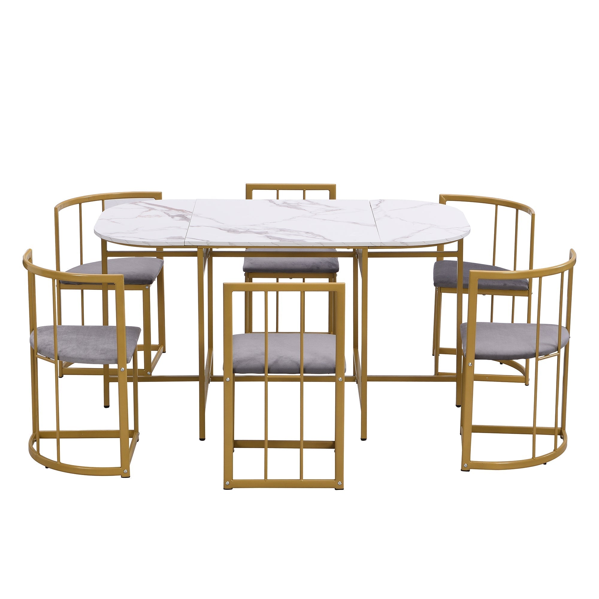 Six-Chair Dining Table Set, Modern Combination, White & Gold-Colored Iron
