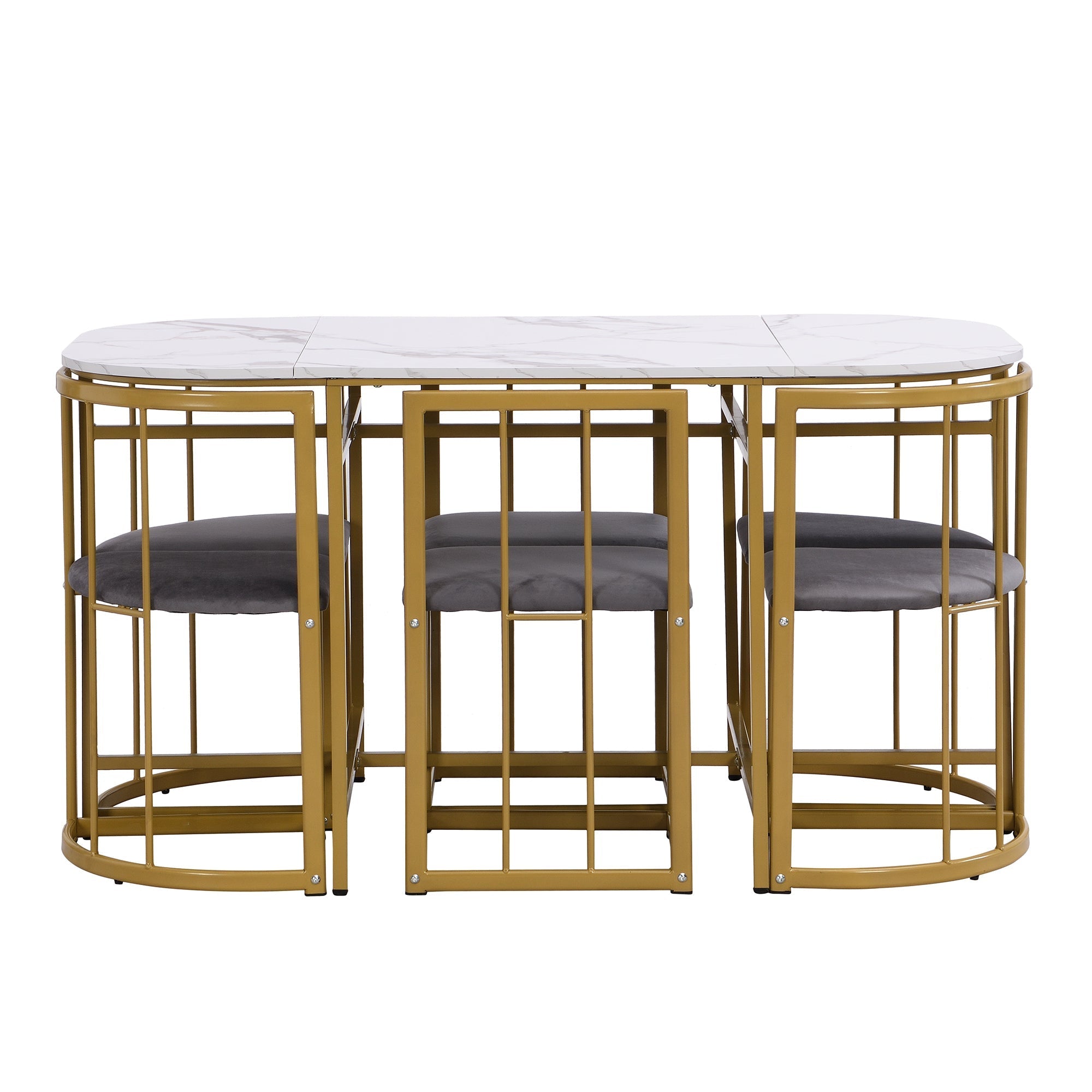 Six-Chair Dining Table Set, Modern Combination, White & Gold-Colored Iron