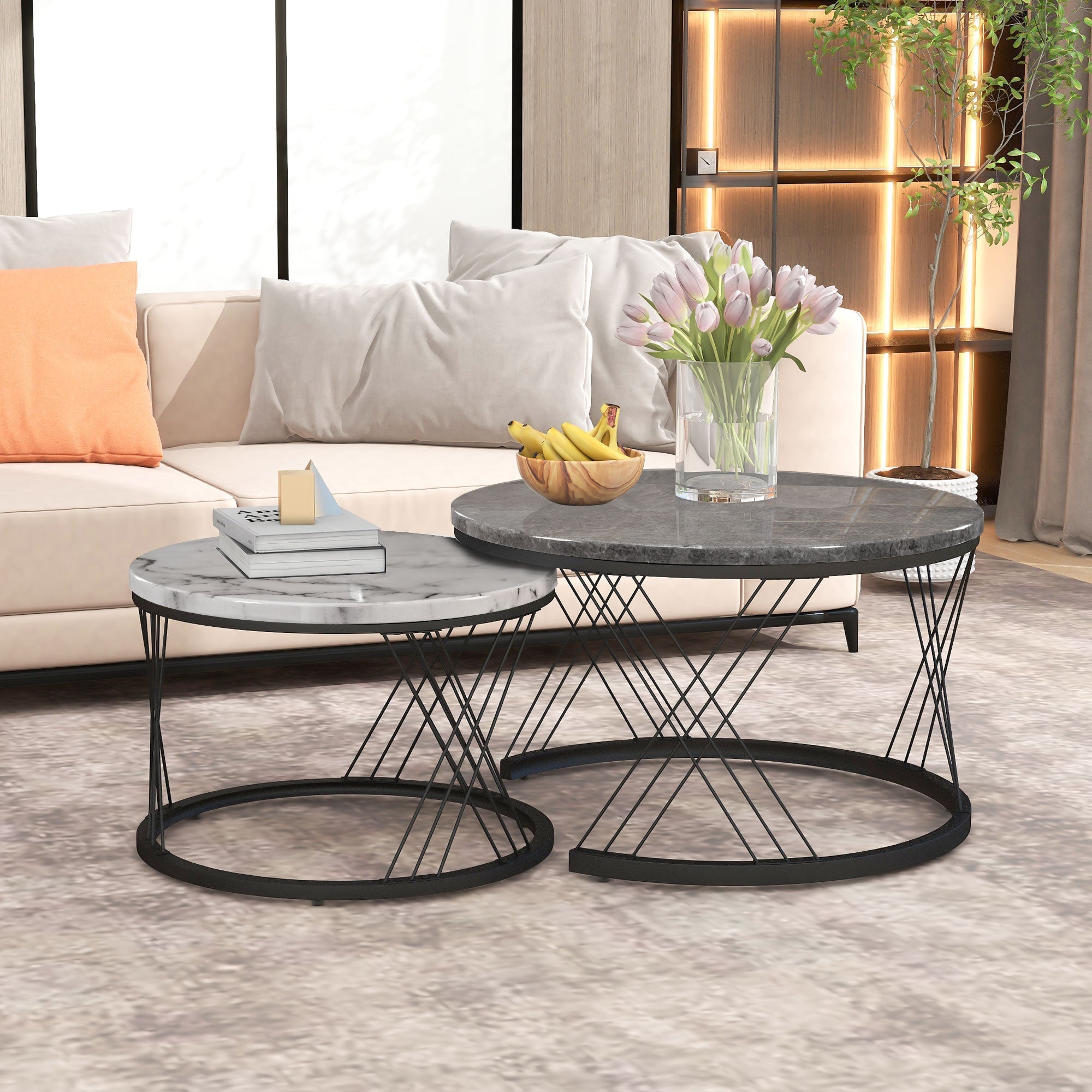 Round Coffee Table, Modern Set of 2 with Marble Pattern Top and Metal Frame, White and Black