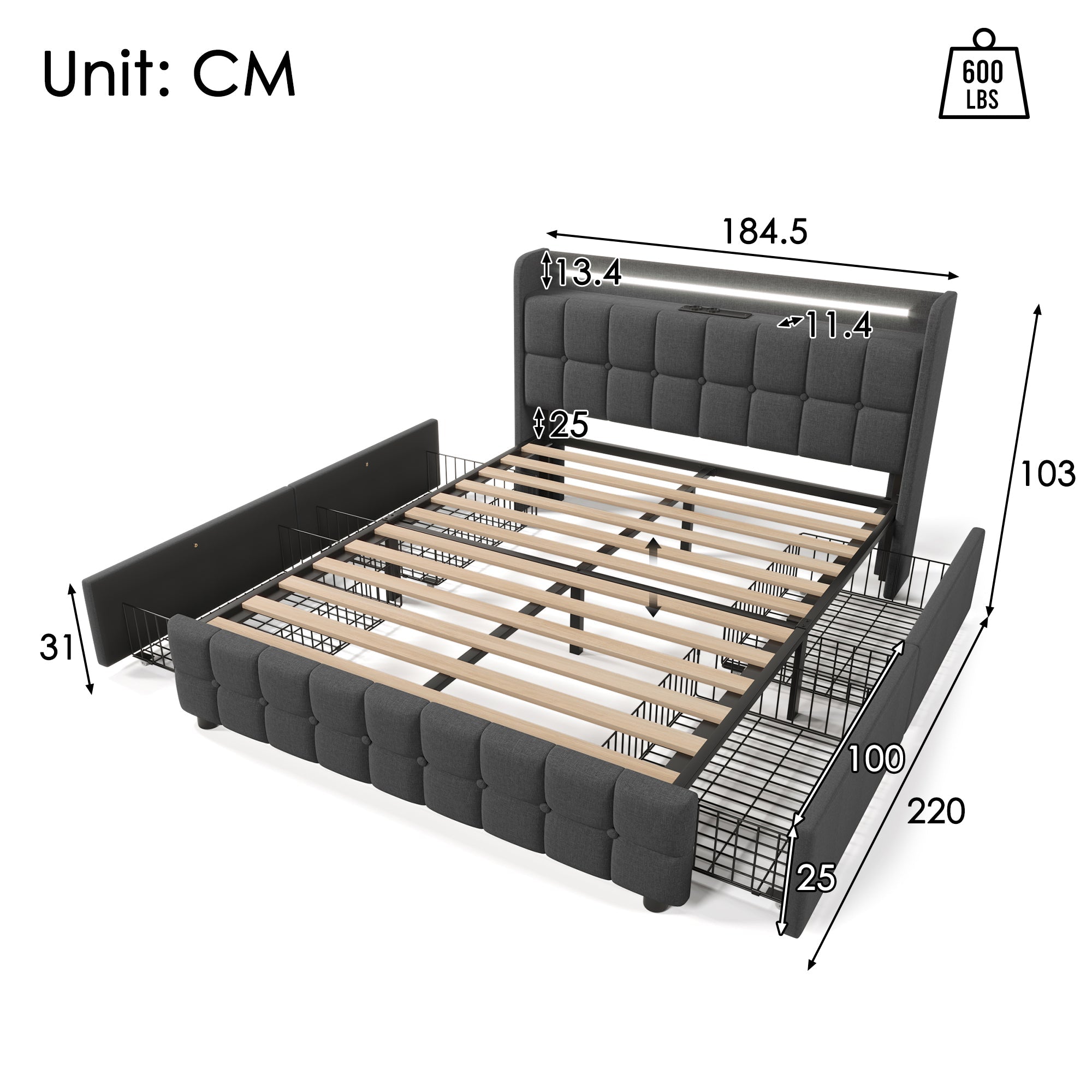 Upholstered Bed, USB Charging, LED Headboard, 4 Drawers, Gray