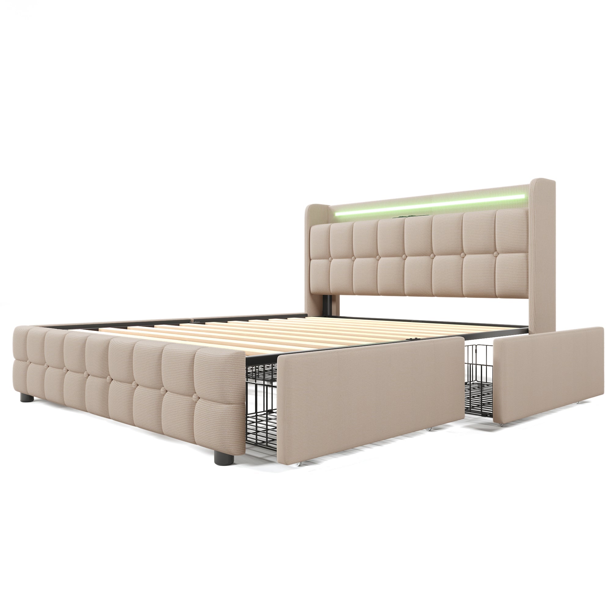 Upholstered Bed, USB Charging, LED, 4 Drawers, Beige