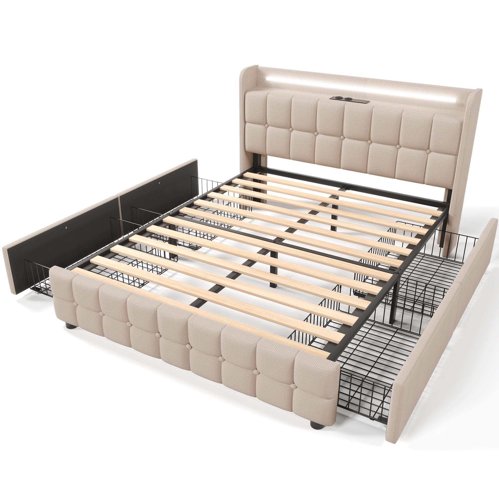 Upholstered Bed, USB Charging LED Headboard, 4-Drawer Storage, 140x200cm, Beige