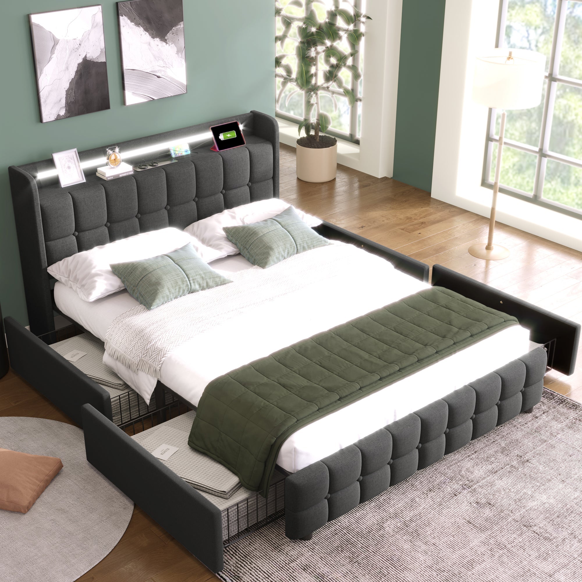Upholstered Bed with USB Charging, LED Headboard, 4 Drawers, Wood Frame, Gray
