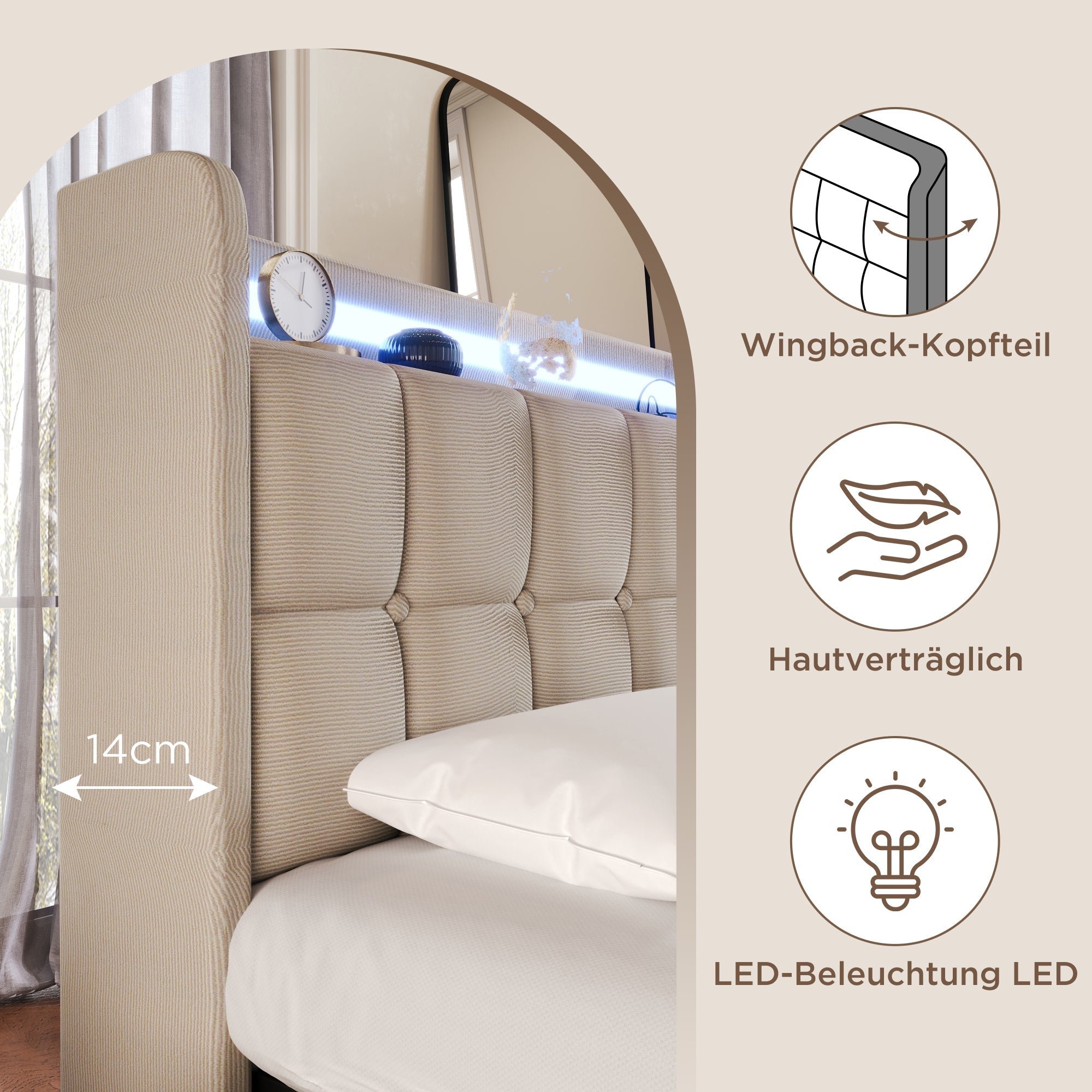 Upholstered Bed, USB Charging, LED, 4 Drawers, Beige