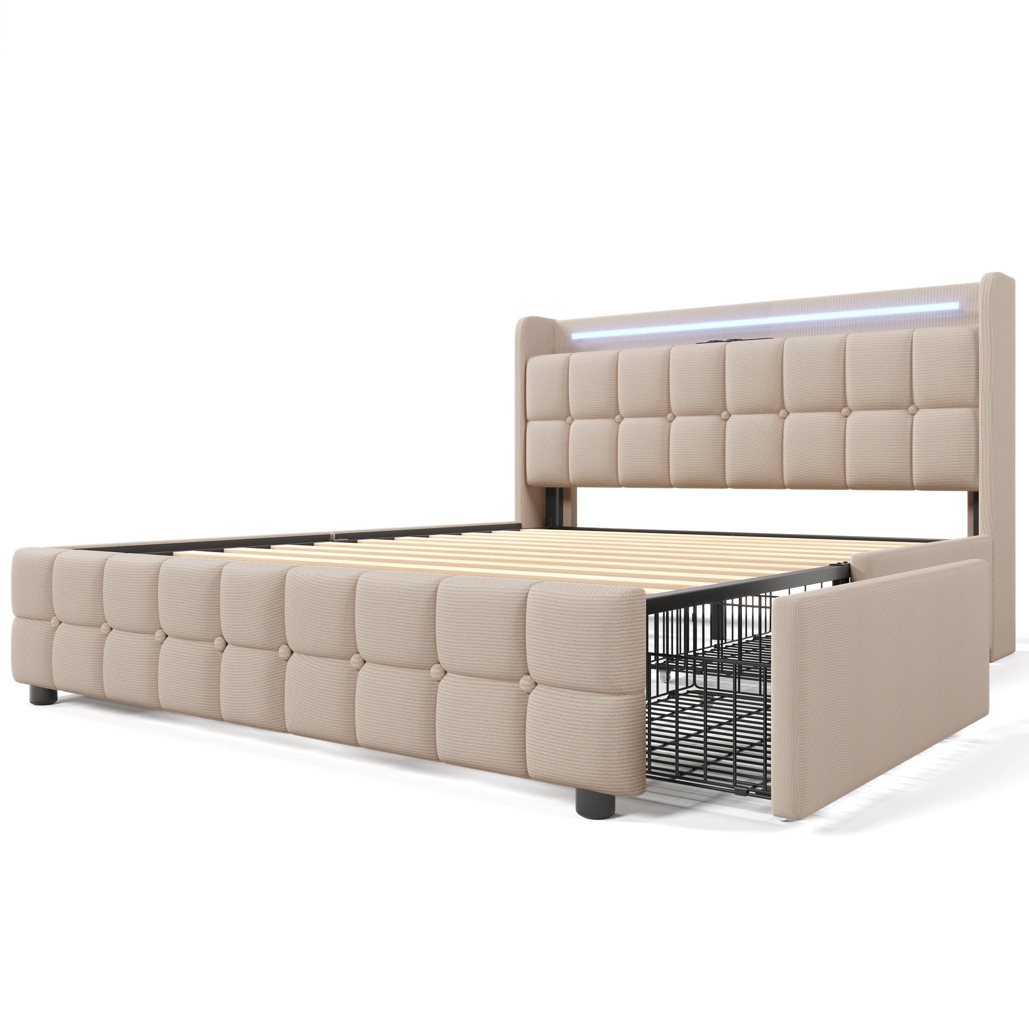 Upholstered Bed, USB Charging LED Headboard, 4-Drawer Storage, 140x200cm, Beige