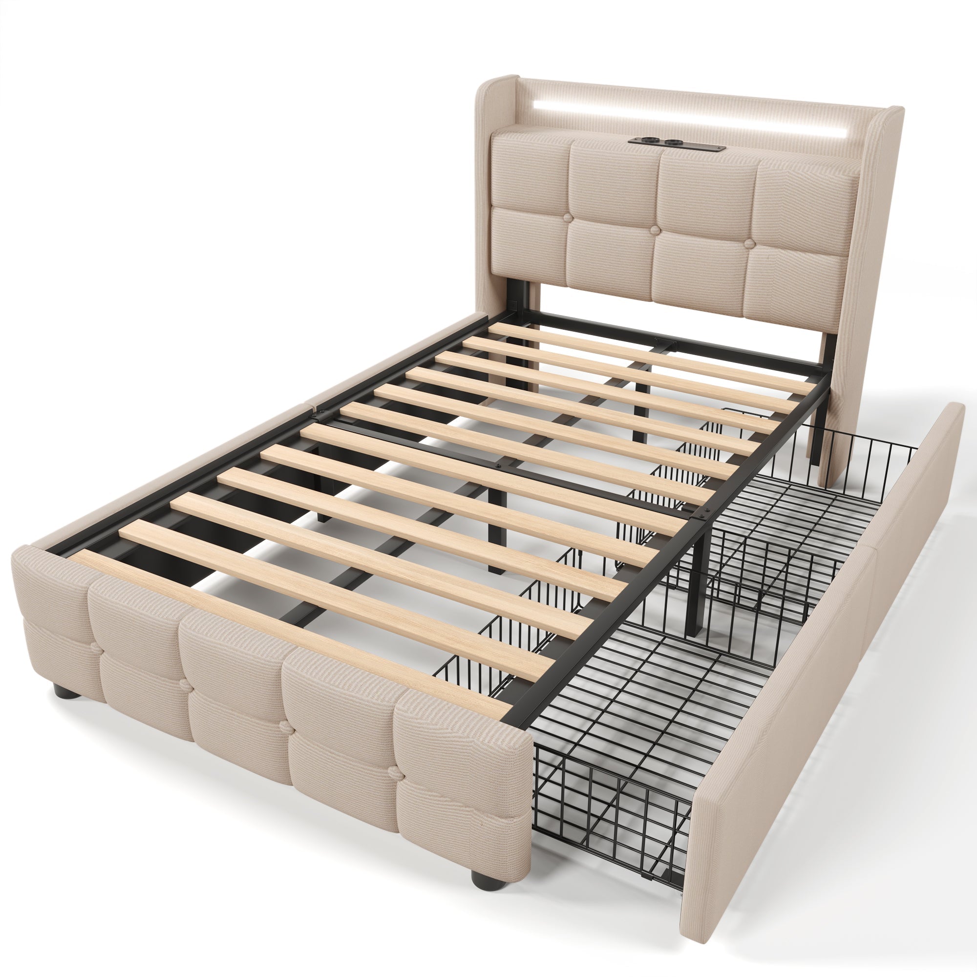 Upholstered Bed, USB, LED, 2 Drawers, Single, Beige