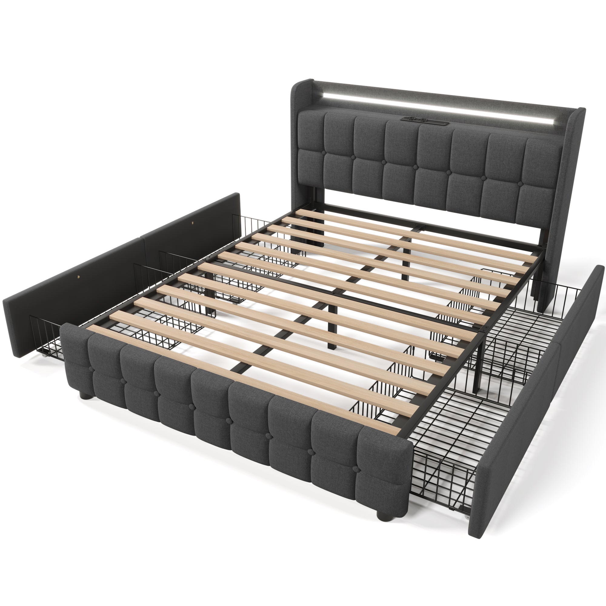 Upholstered Bed, USB Charging LED Headboard 4-Drawer Storage, Gray