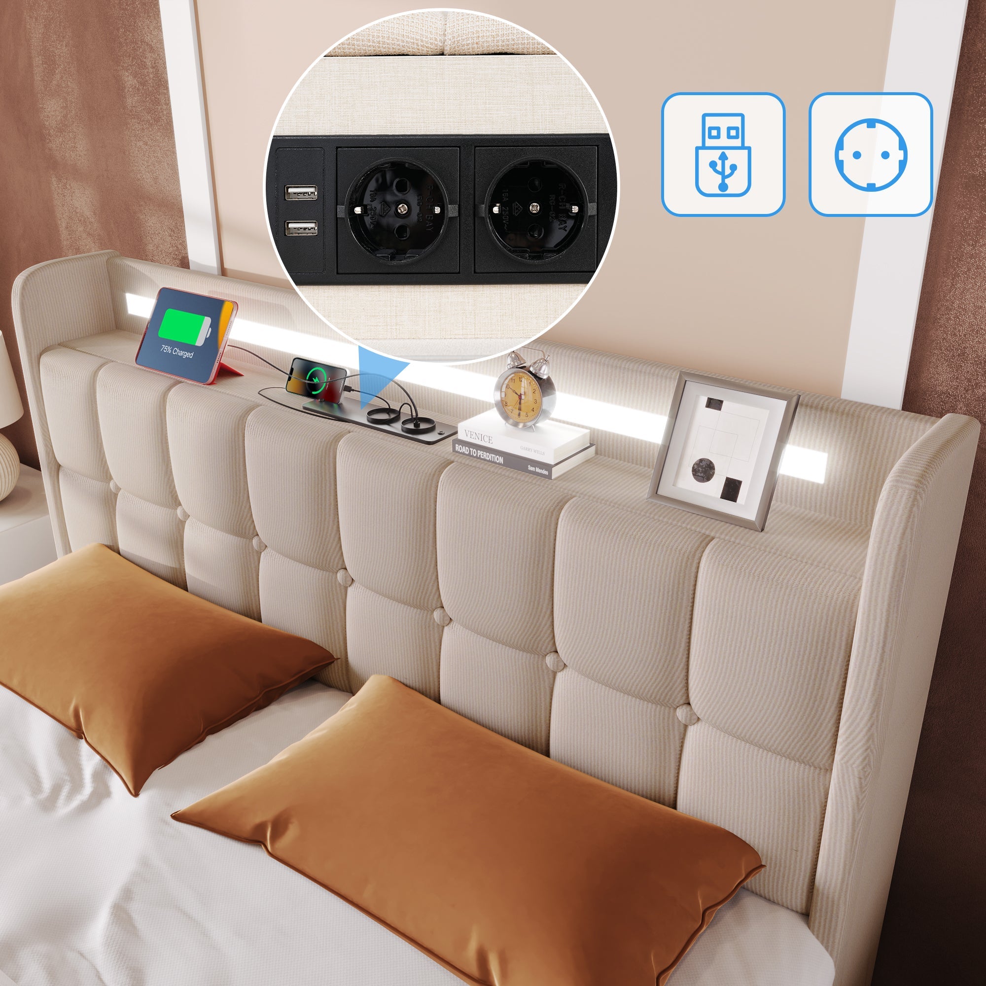 Upholstered Bed, USB Charging, LED, 4 Drawers, Beige