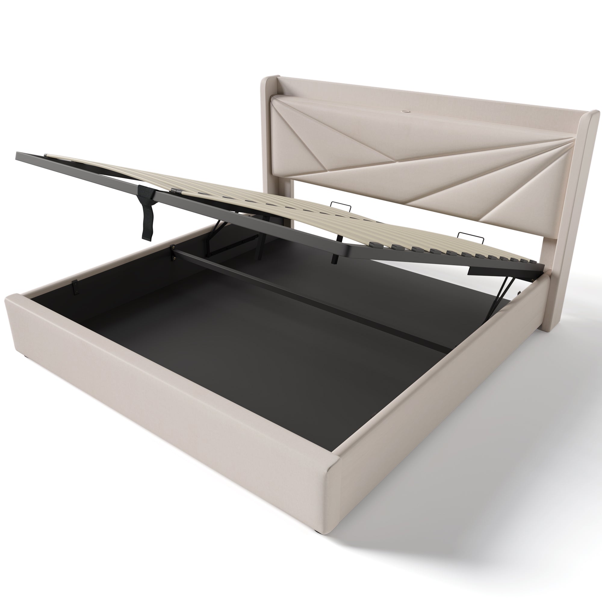 Upholstered Double Bed, Storage with USB Type C Headboard, Linen