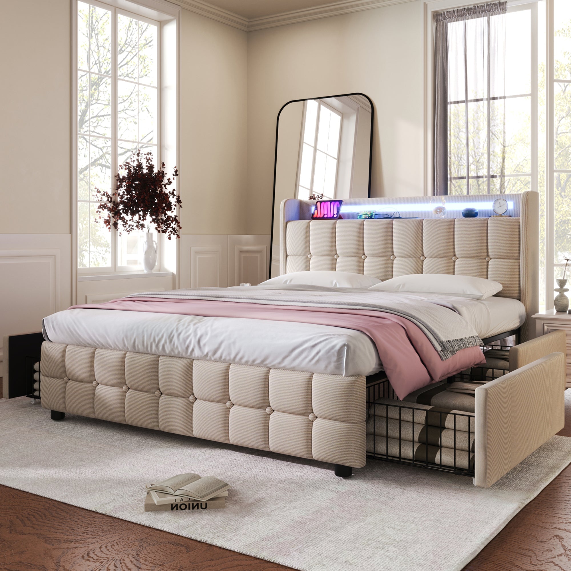 Upholstered Bed, USB Charging LED Headboard 4 Drawers, Beige