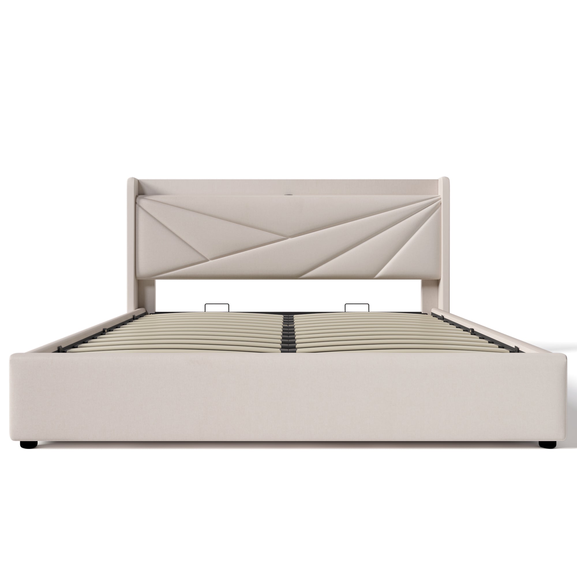 Upholstered Double Bed, Storage with USB Type C Headboard, Linen