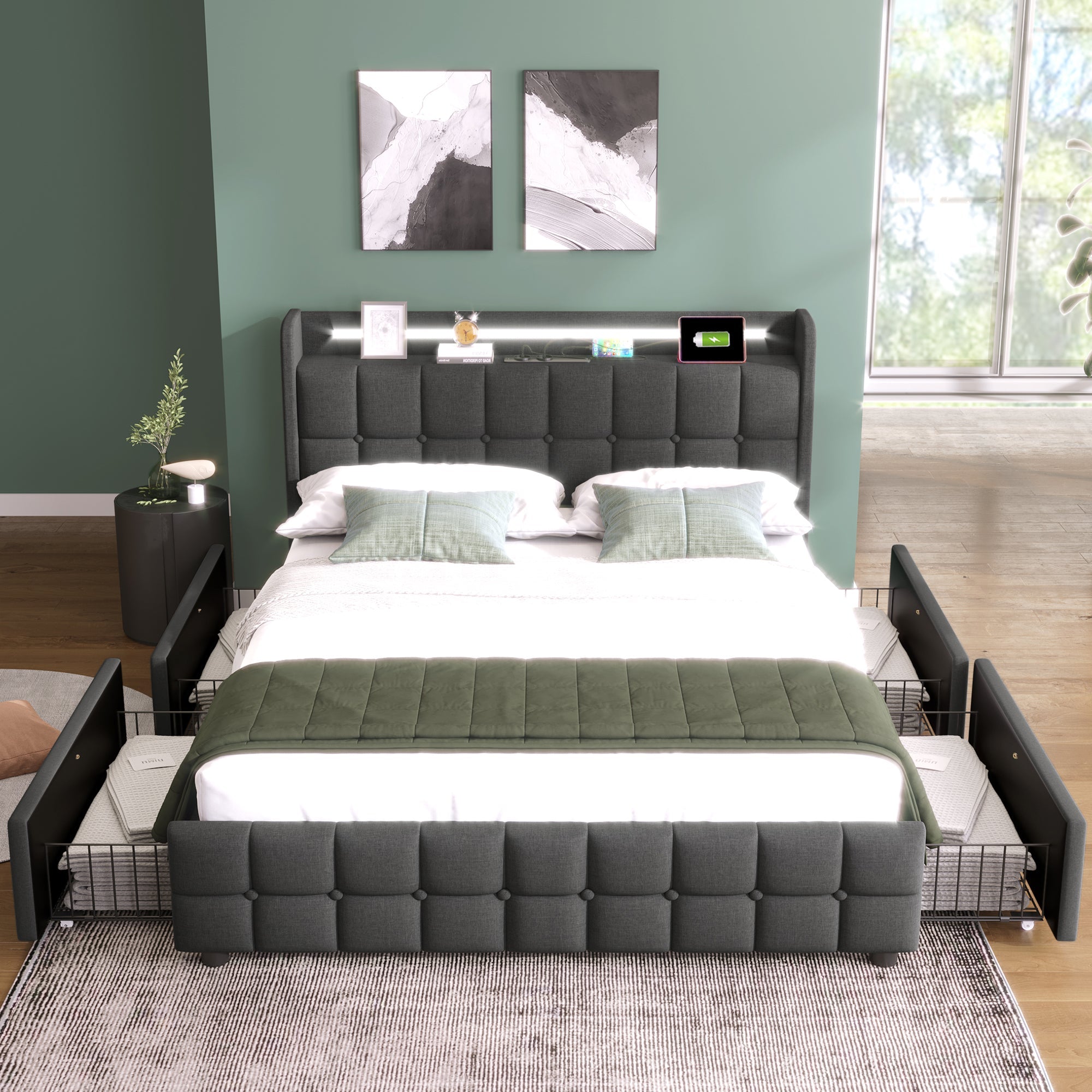 Upholstered Bed, USB Charging, LED Headboard, 4 Drawers, Gray