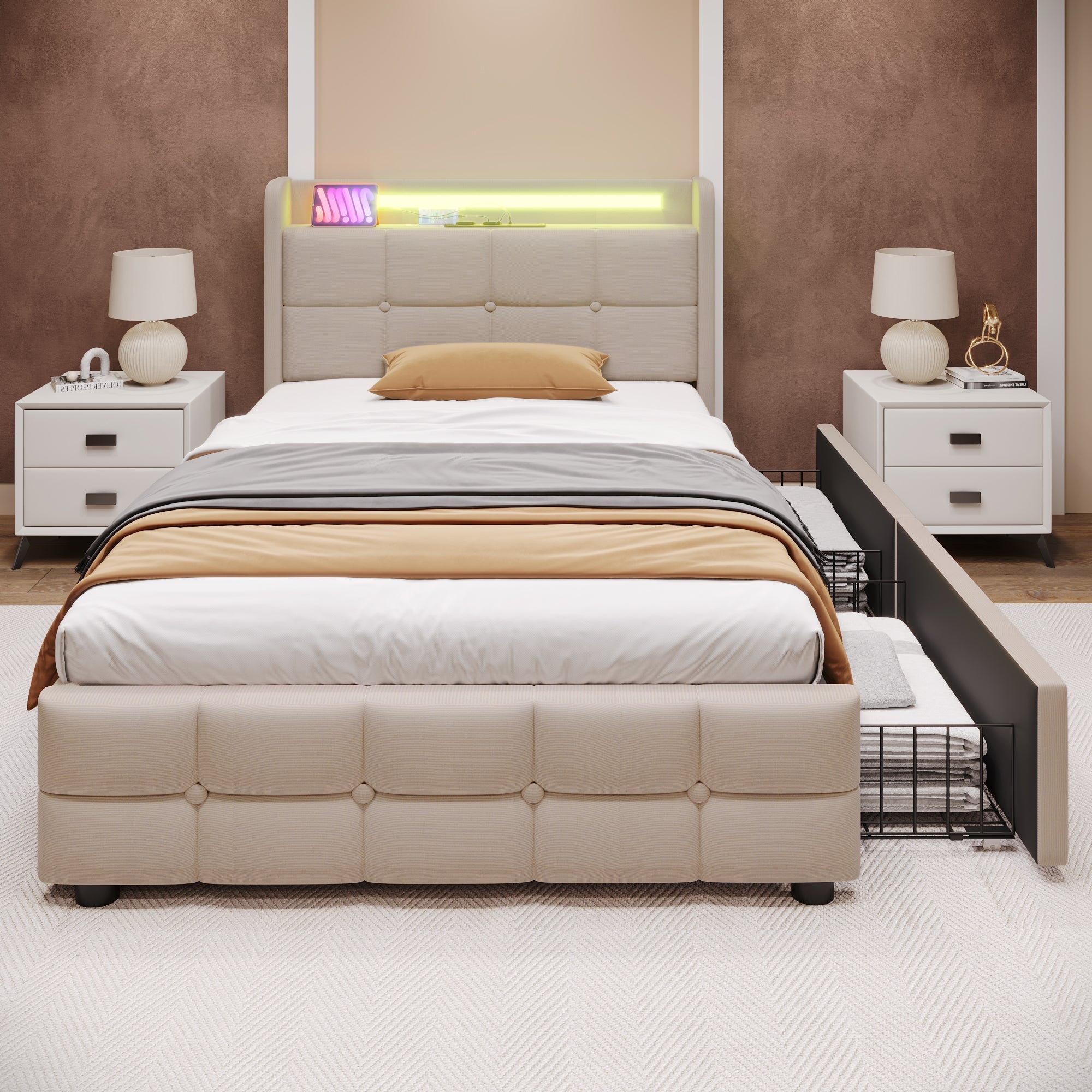 Upholstered Bed, USB, LED, 2 Drawers, Single, Beige