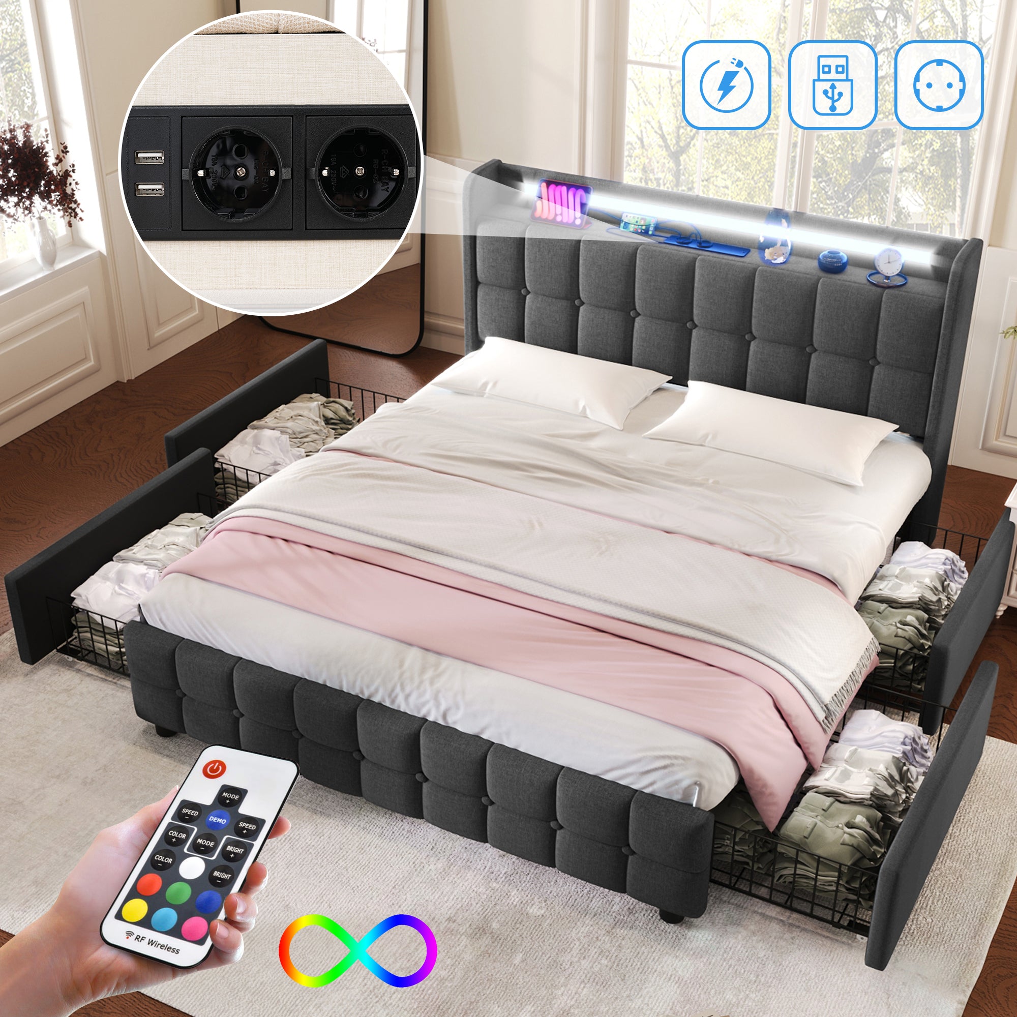Upholstered Bed with USB Charging, LED Headboard, 4 Drawers, Wood Frame, Gray
