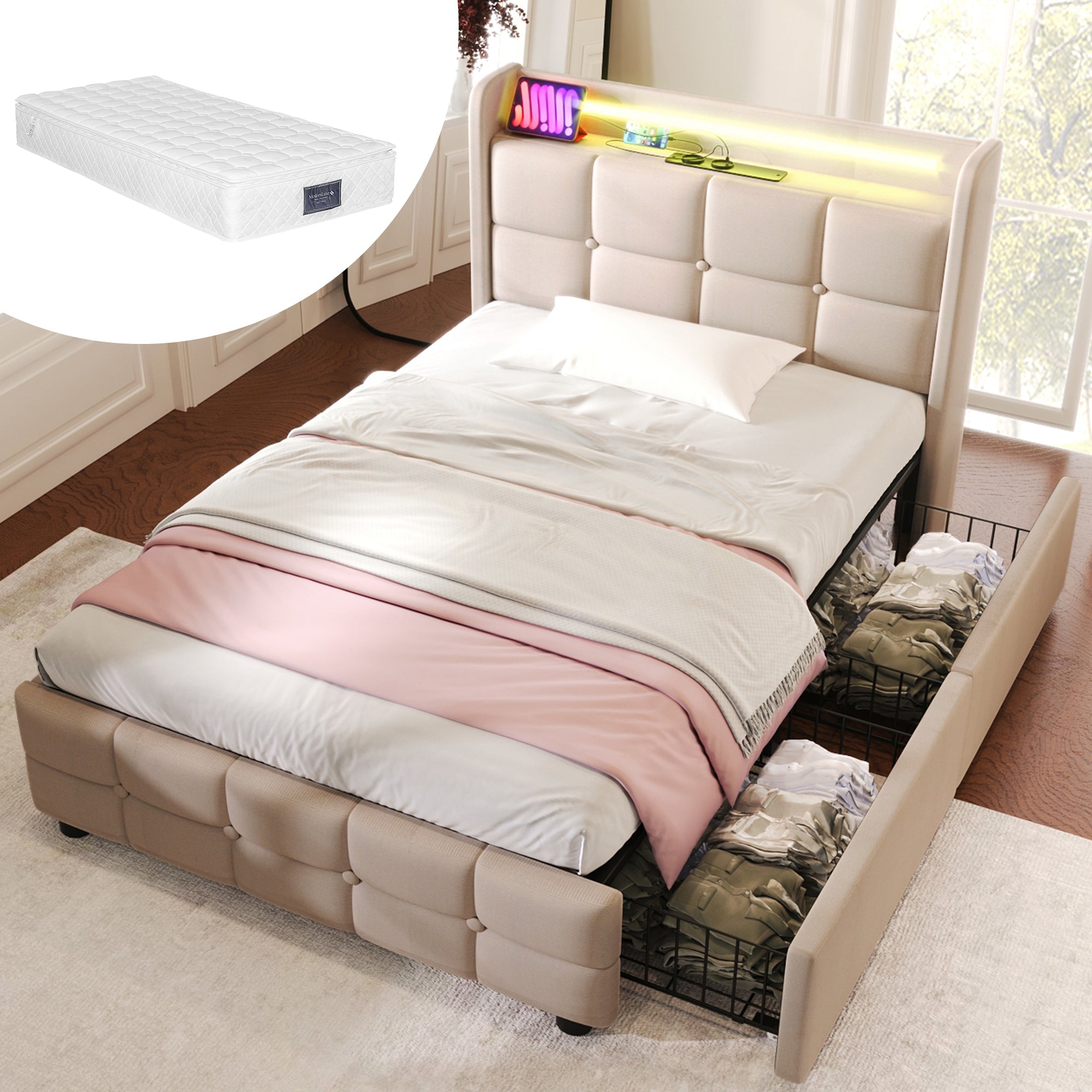 Upholstered Bed with USB Charging, LED Headboard, 2 Drawers, Single, Beige Linen