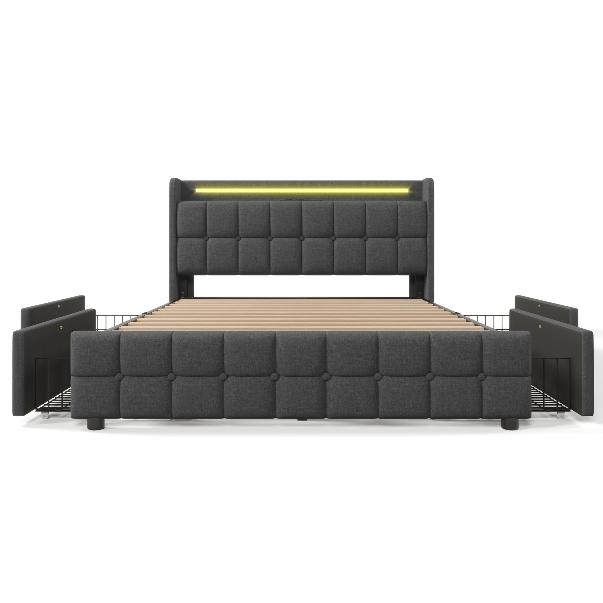 Upholstered Bed, USB Charging, LED Headboard, 4 Drawers, Gray
