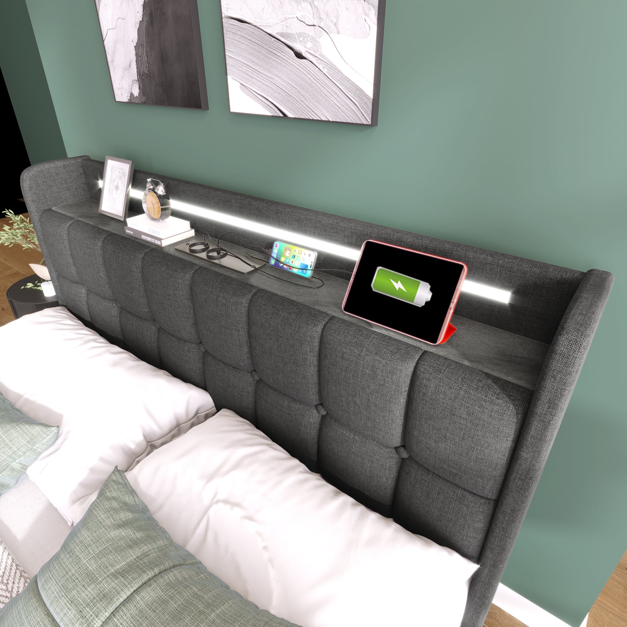 Upholstered Bed 160x200cm, USB Charging LED Headboard Storage 4 Drawers, Wooden Slats Grey