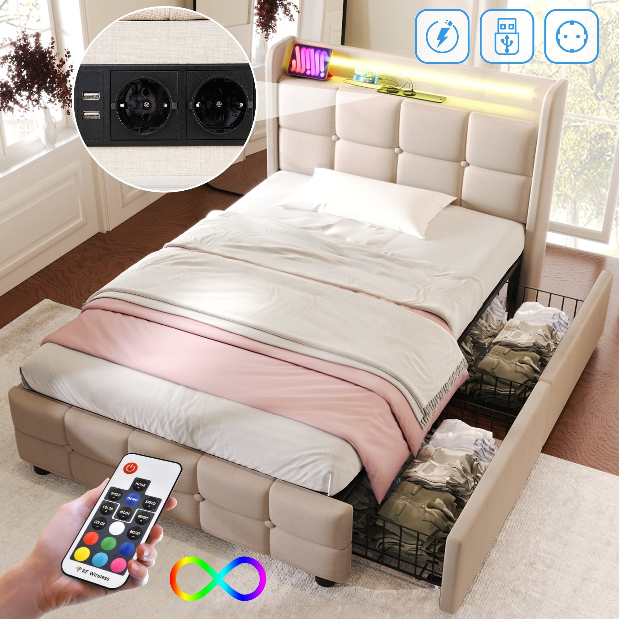 Upholstered Bed, USB, LED, 2 Drawers, Single, Beige