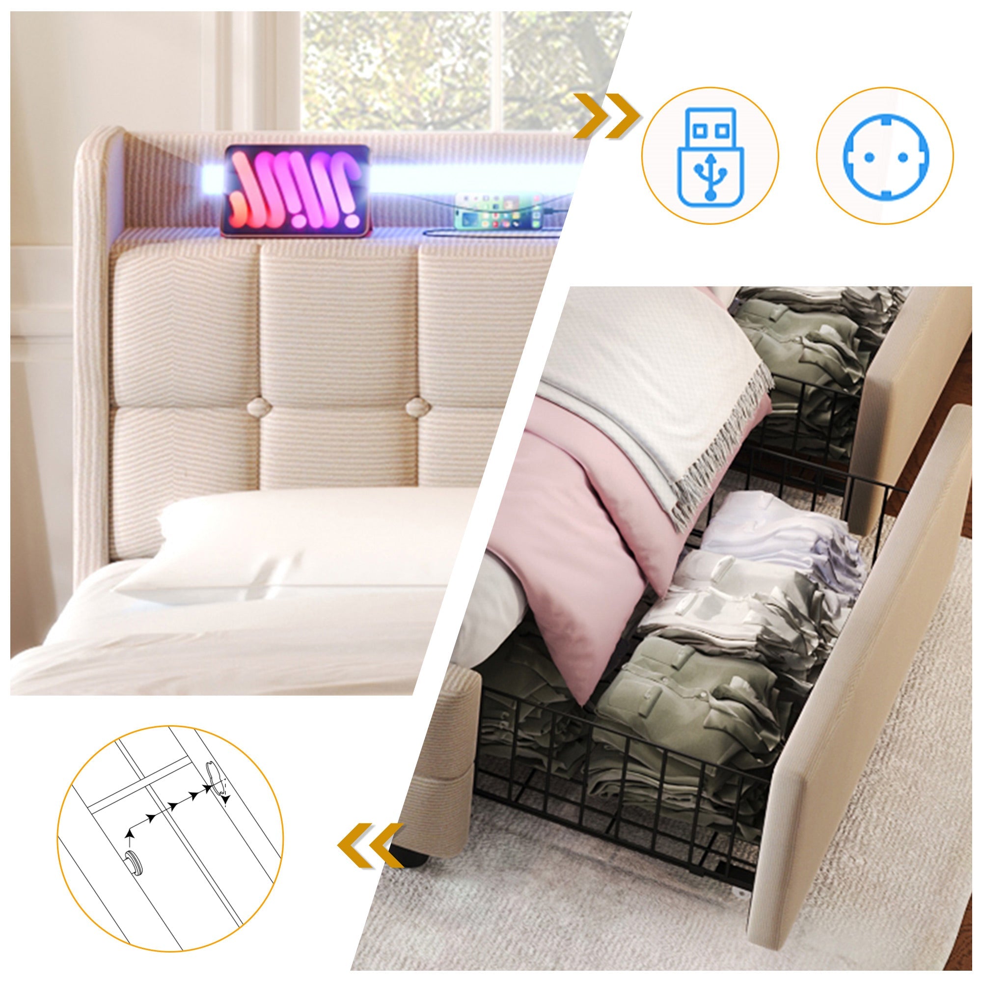 Upholstered Bed, USB Charging, LED, 4 Drawers, Beige