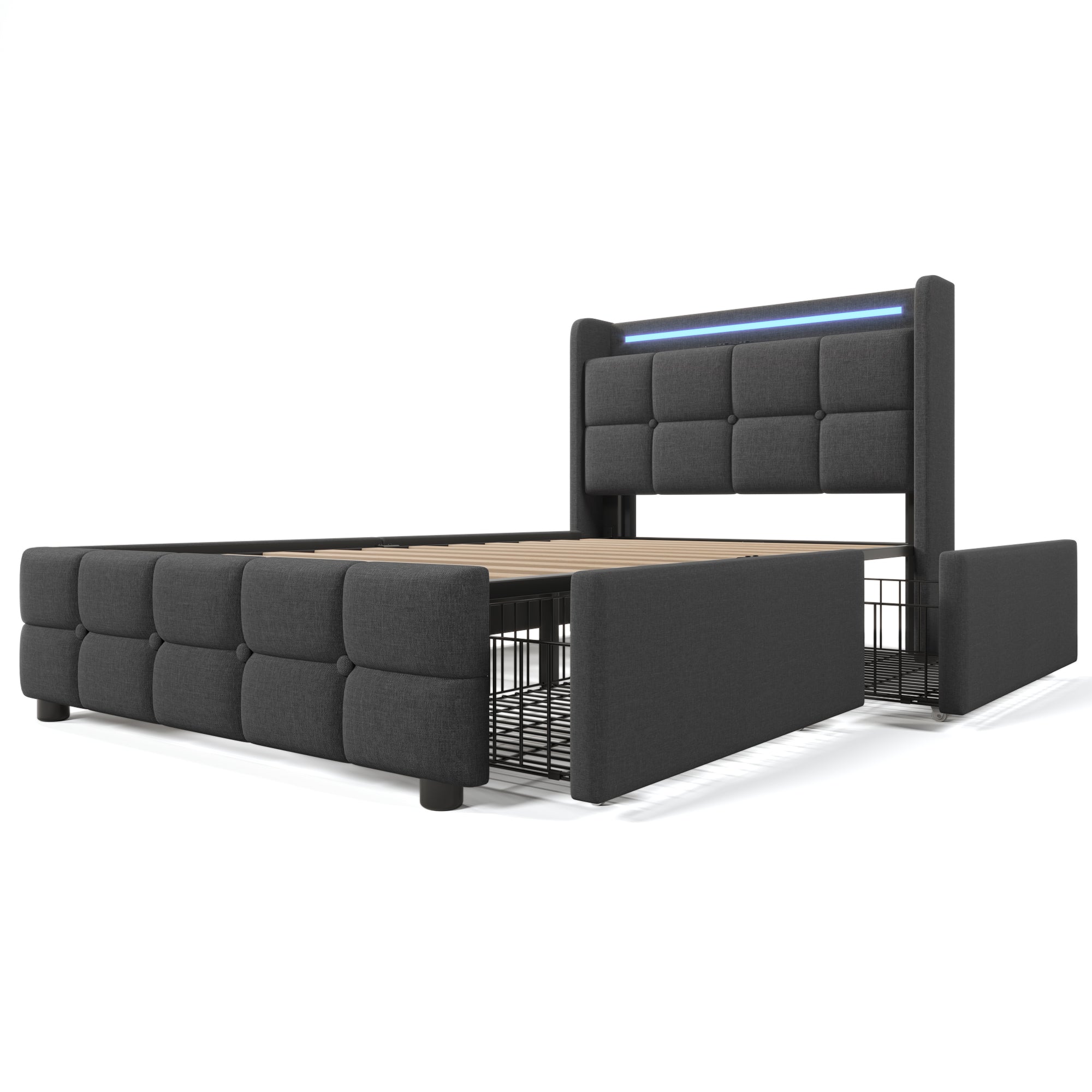 Upholstered Bed, USB Charging LED Headboard Storage, Gray