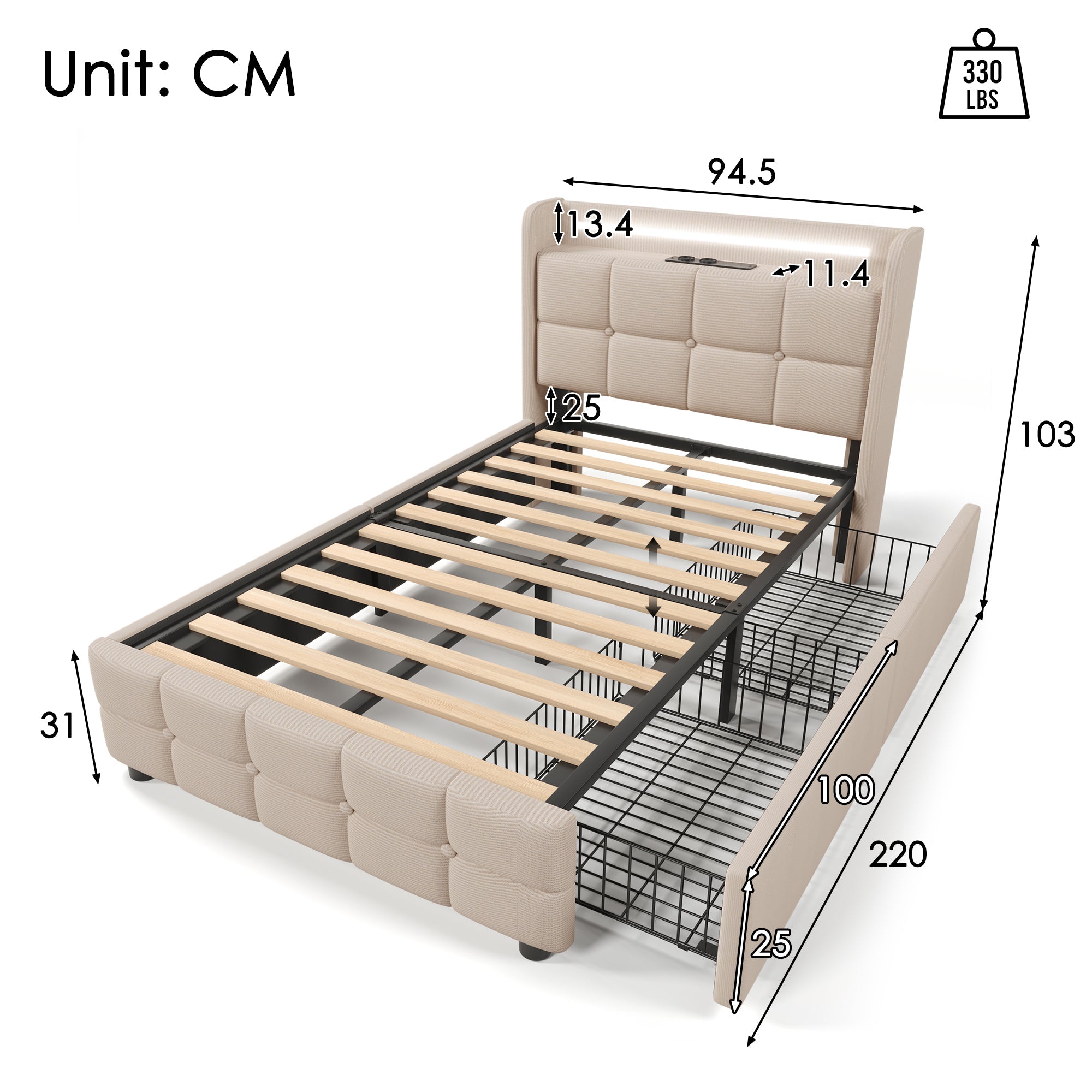 Upholstered Bed, USB, LED, 2 Drawers, Single, Beige