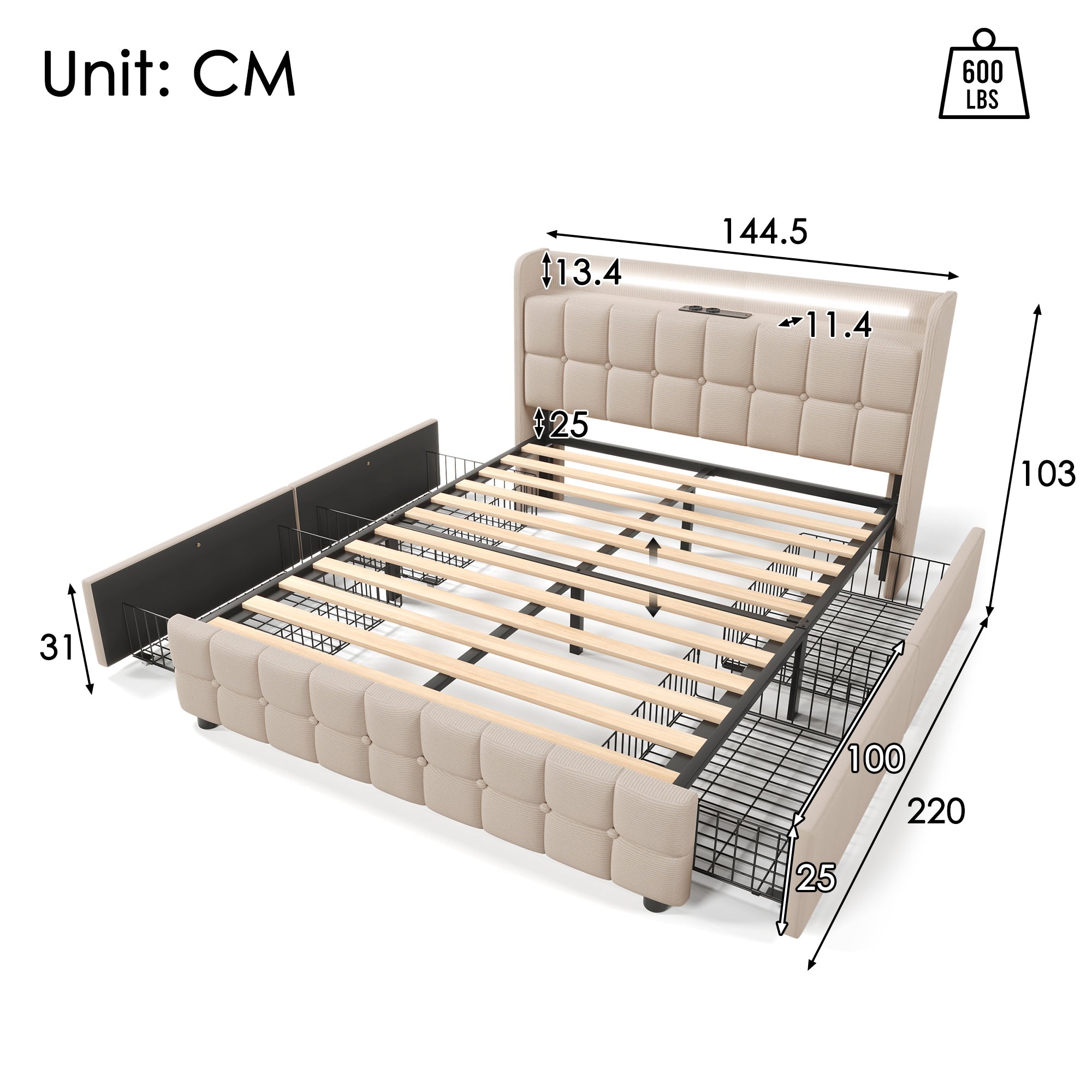 Upholstered Bed, USB Charging, LED, 4 Drawers, Beige