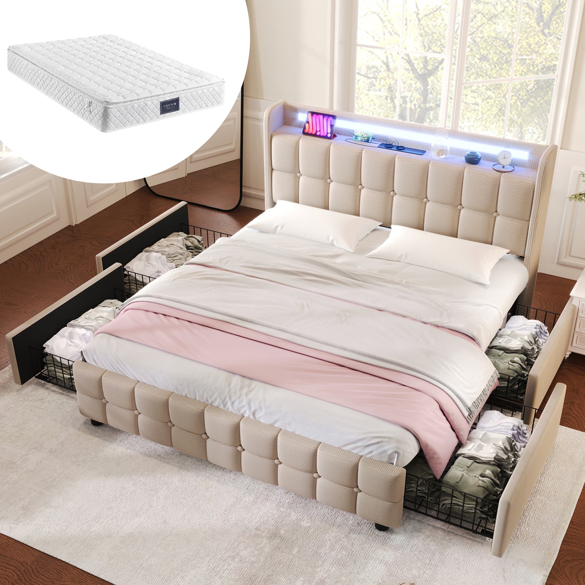 Upholstered Bed, USB Charging LED Headboard, 4-Drawer Storage, 140x200cm, Beige