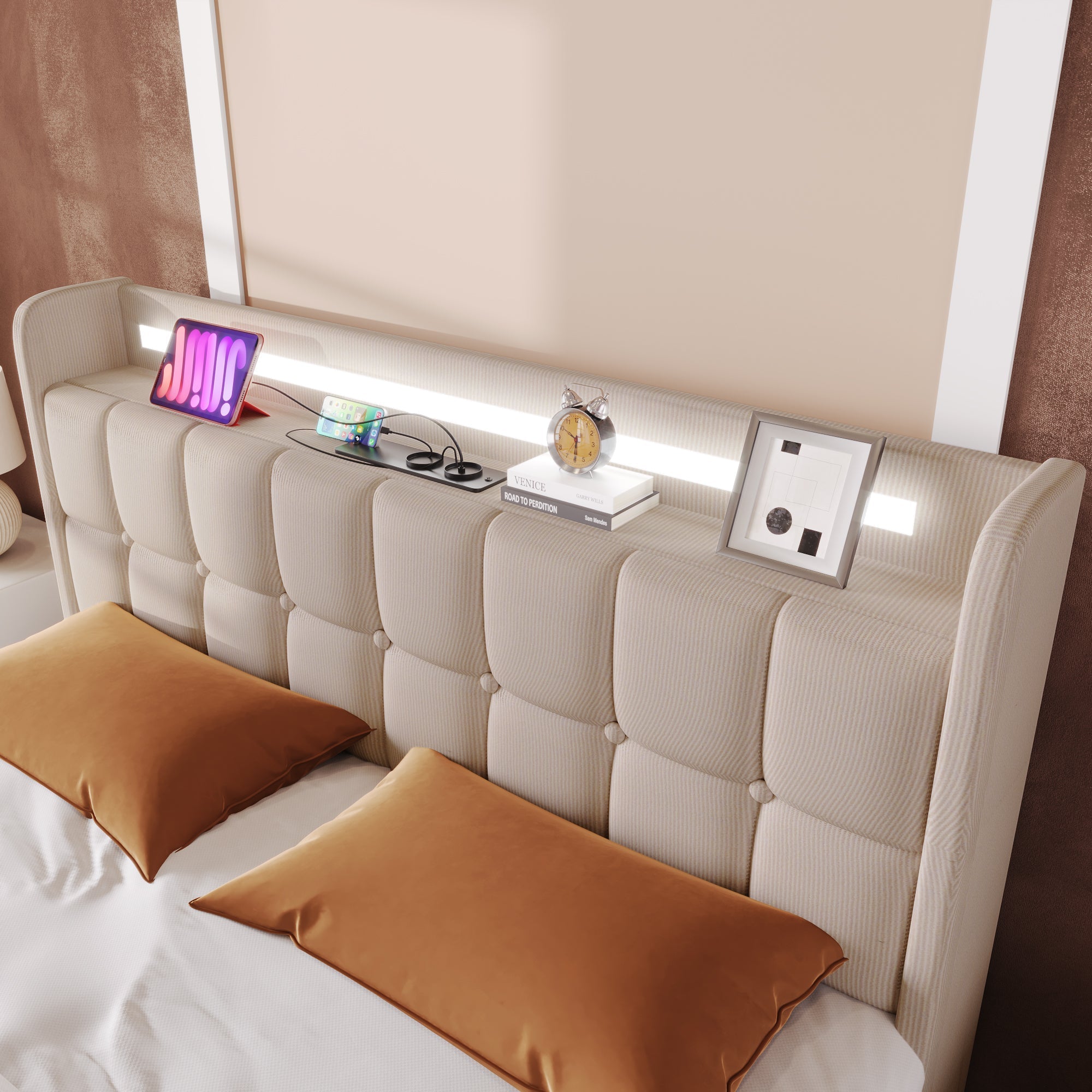 Upholstered Bed, USB Charging LED Headboard 4 Drawers, Beige